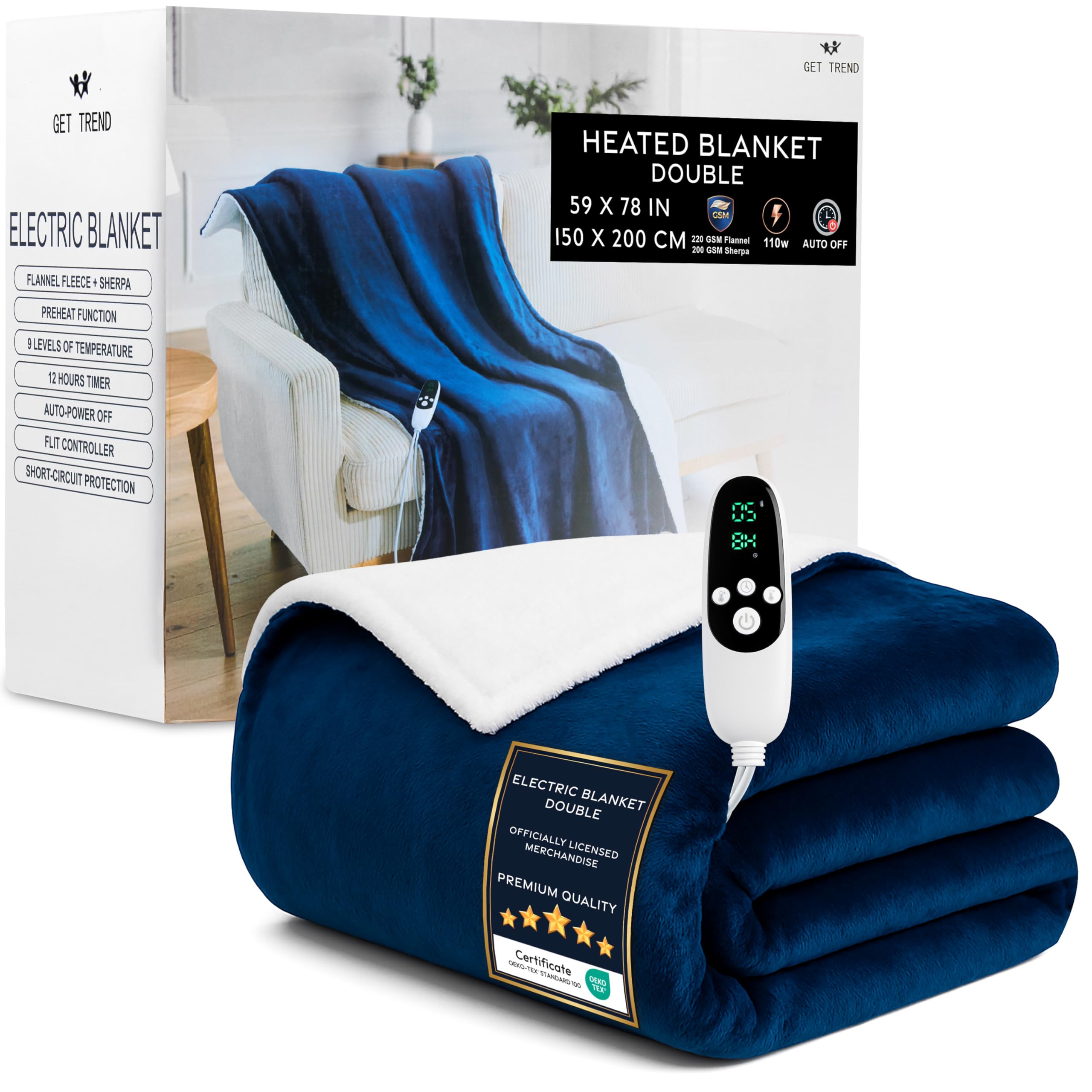 Get Trend Navy Electric Blanket 150X200 Cm, Double Size Luxurious Sherpa Fleece Heated Blanket, 9 Heat Settings 12H Auto-Off Timer & Overheat Protection (, Double Uk)