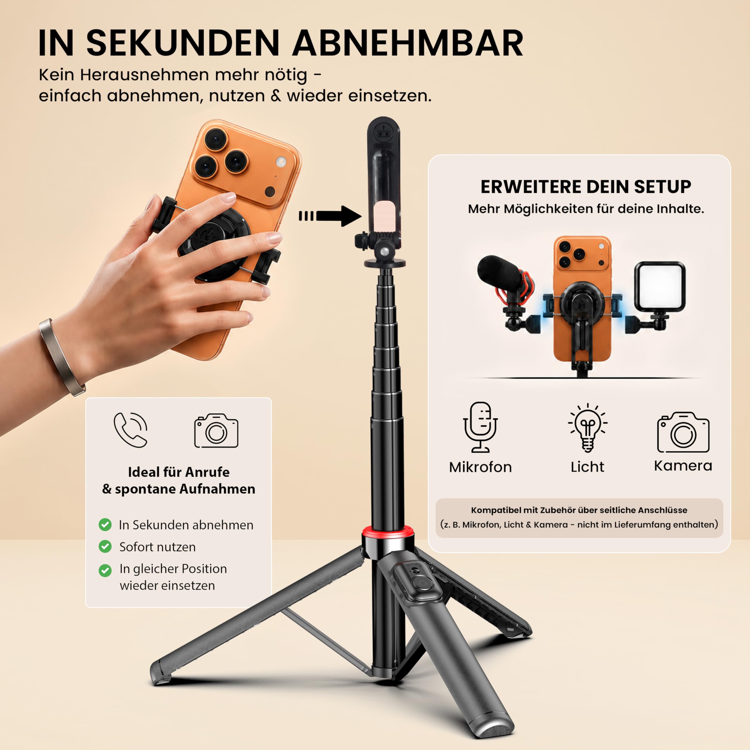 Amayo - Palo selfie magnético con soporte para MagSafe para smartphone, trípode Bluetooth con control remoto, soporte magnético para selfie stick, accesorio magnético para iPhone 15, 16, 17, Huawei