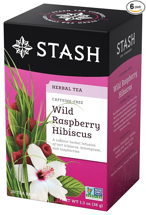 Stash Tea Wild Raspberry Hibiscus Herbal Tea - Naturally Caffeine Free, Non-GMO Project Verified Premium Tea with No Artificial Ingredients, 20 Count (Pack of 6) - 120 Bags Total