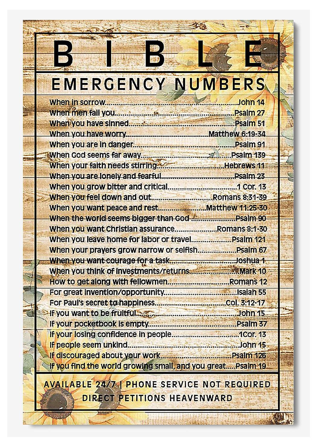 FJQWKLF Bible Emergency Numbers Wall Art Painting Painting Vintage Metal SignWall Art Gifts For Living Room Bedroom Office Home Decor 12x16 Inch