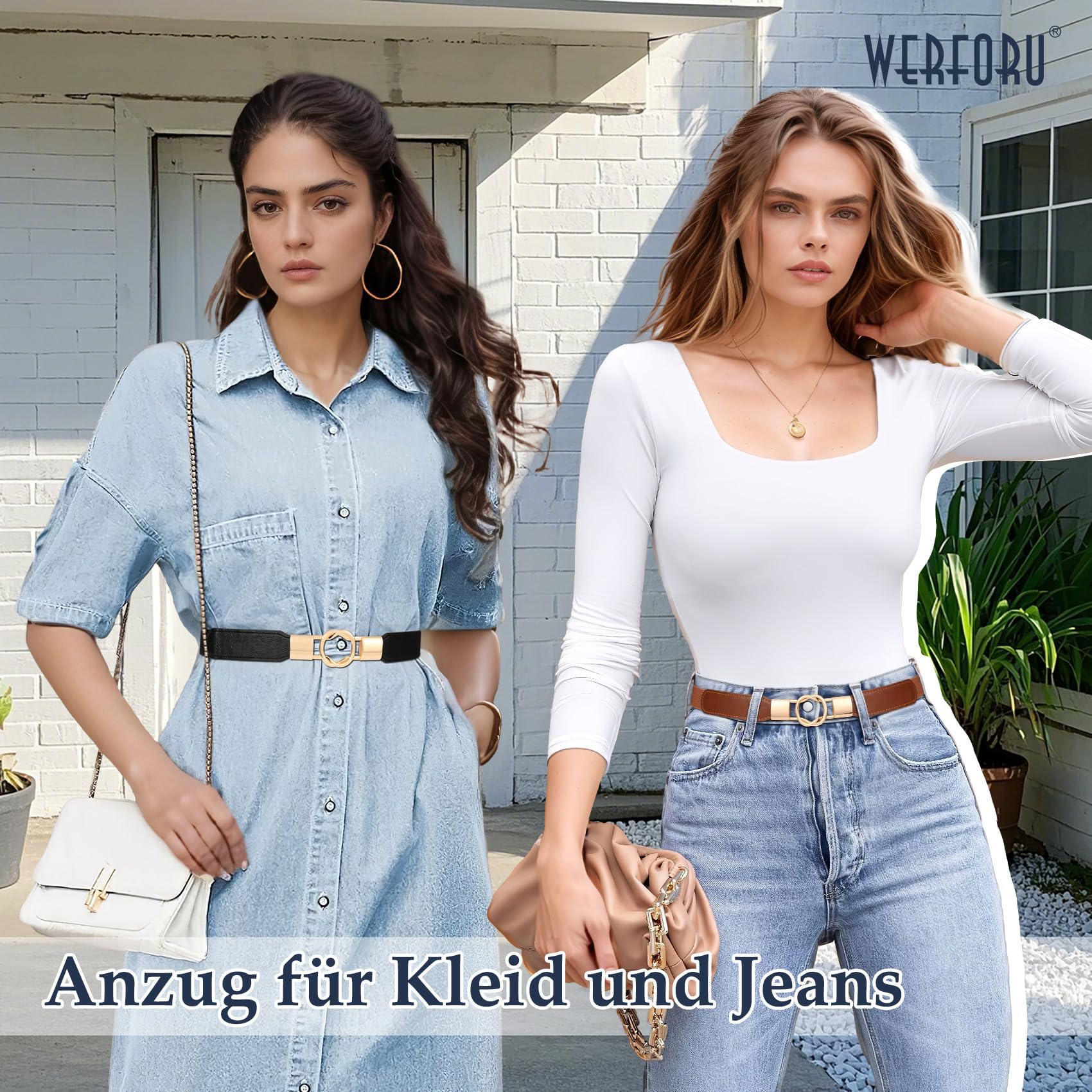 WERFORU 4 Stücke Dünne Gürtel Damen Elastische Taillengürtel Dehnbarer Kleid Gürtel mit Goldene Schnalle