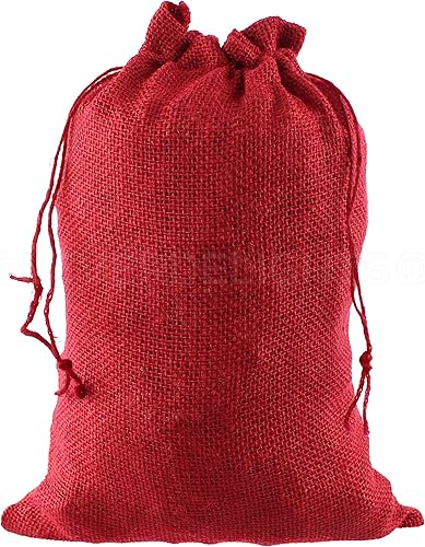 CleverDelights Bolsas de arpillera rojas de 10 x 14 pulgadas, paquete de 25, sacos de yute con cordón de yute de 10 x 14 pulgadas