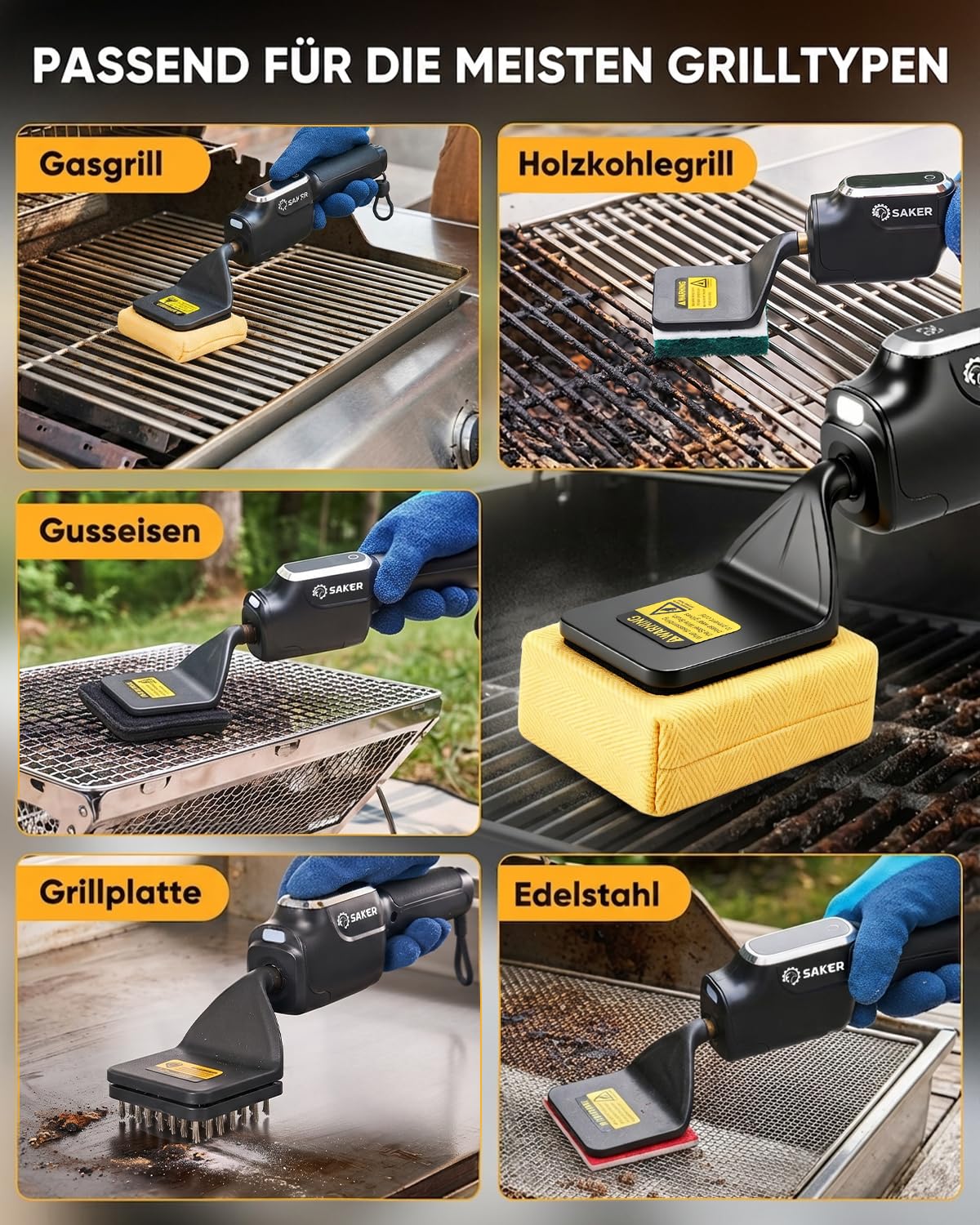 Saker Elektrische Grillbürste, Bürstenfreier BBQ-Reiniger mit Feuerbeständigem Pad, Kabelloser Grillreiniger für Holzkohle-, Pellet- und Flachgrills