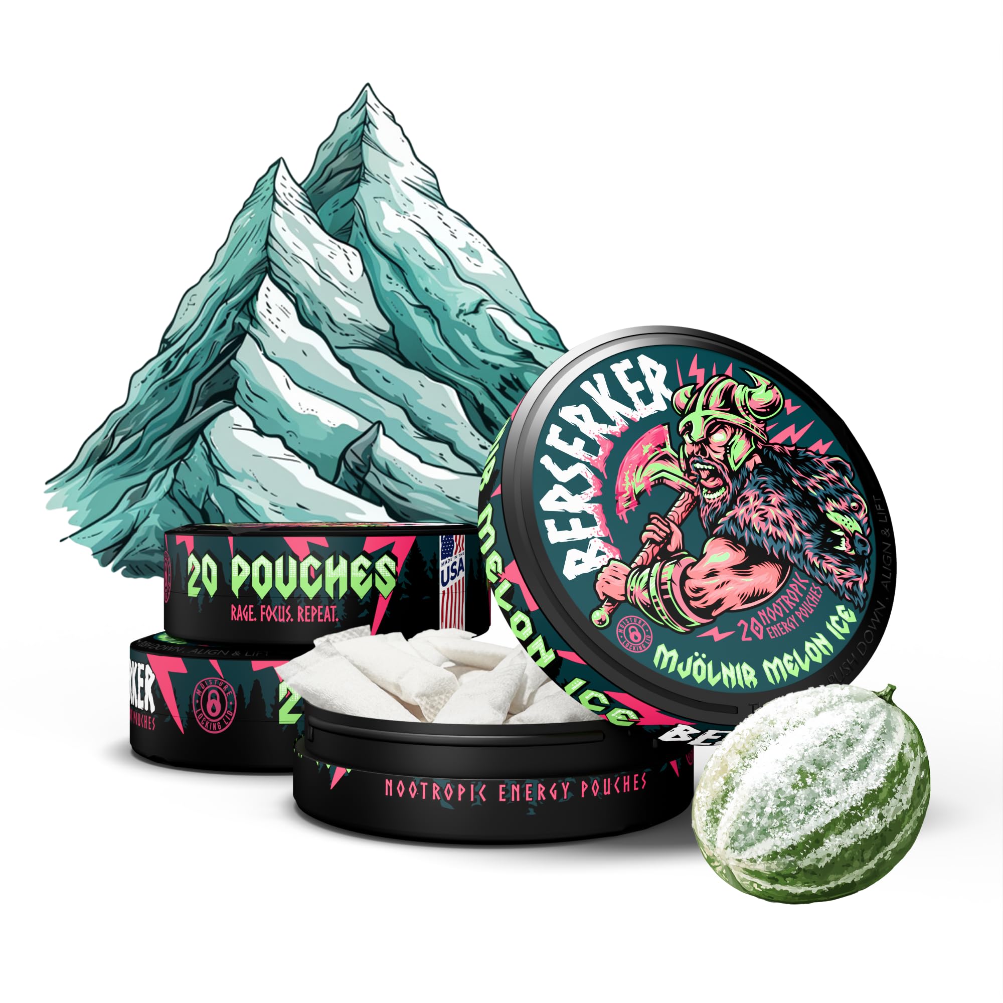 Berserker Focus Pouches - Mjölnir Melon Ice - Caffeine Infused - 100mg Per Pouch - Nootropic Enhanced - 3 Pack - Tobacco & Nicotine Free - Energy Drink Replacement