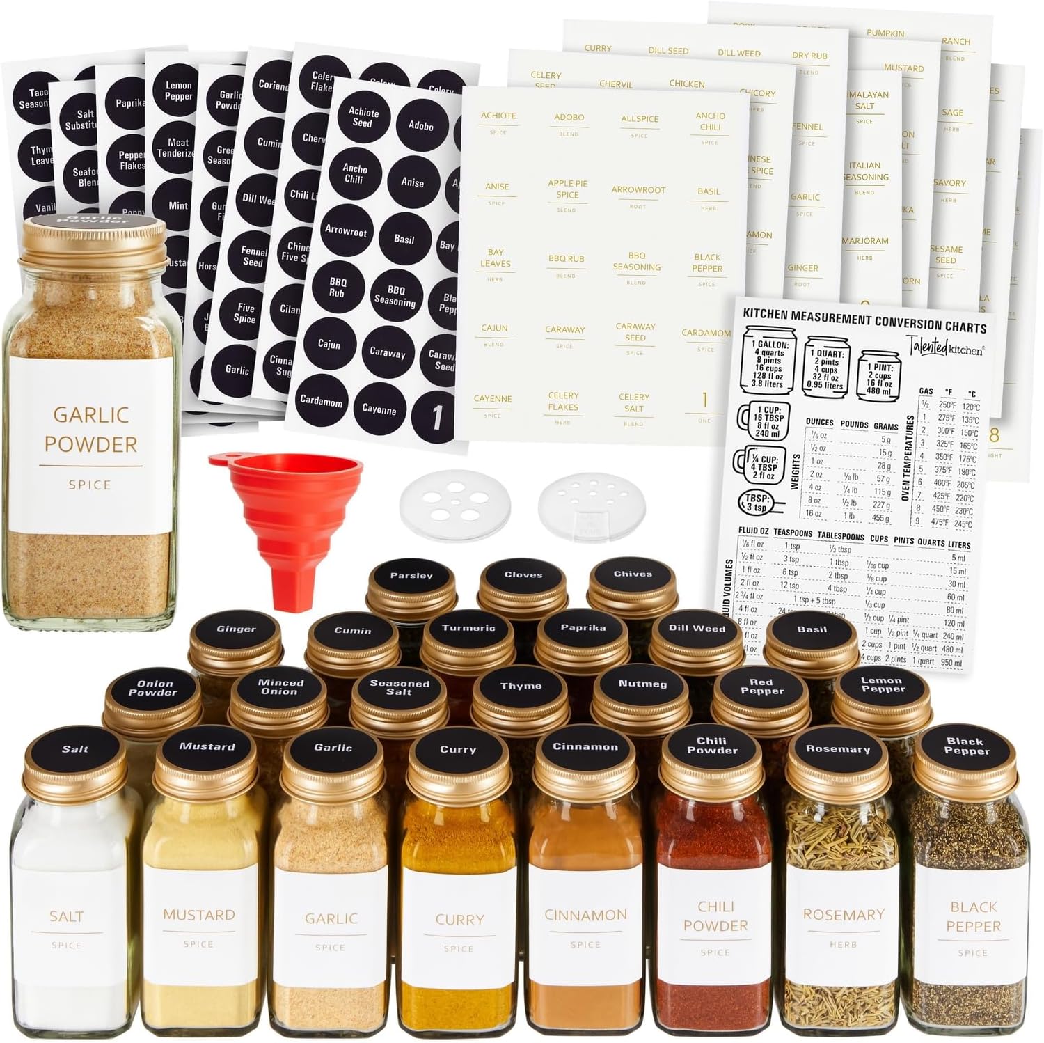 Spice Jars - 24-Pack 6 oz Glass Jars with Gold Shaker Lids - 328 Preprinted Labels & Silicone Funnel - Seasoning Organizer for Kitchen Storage
