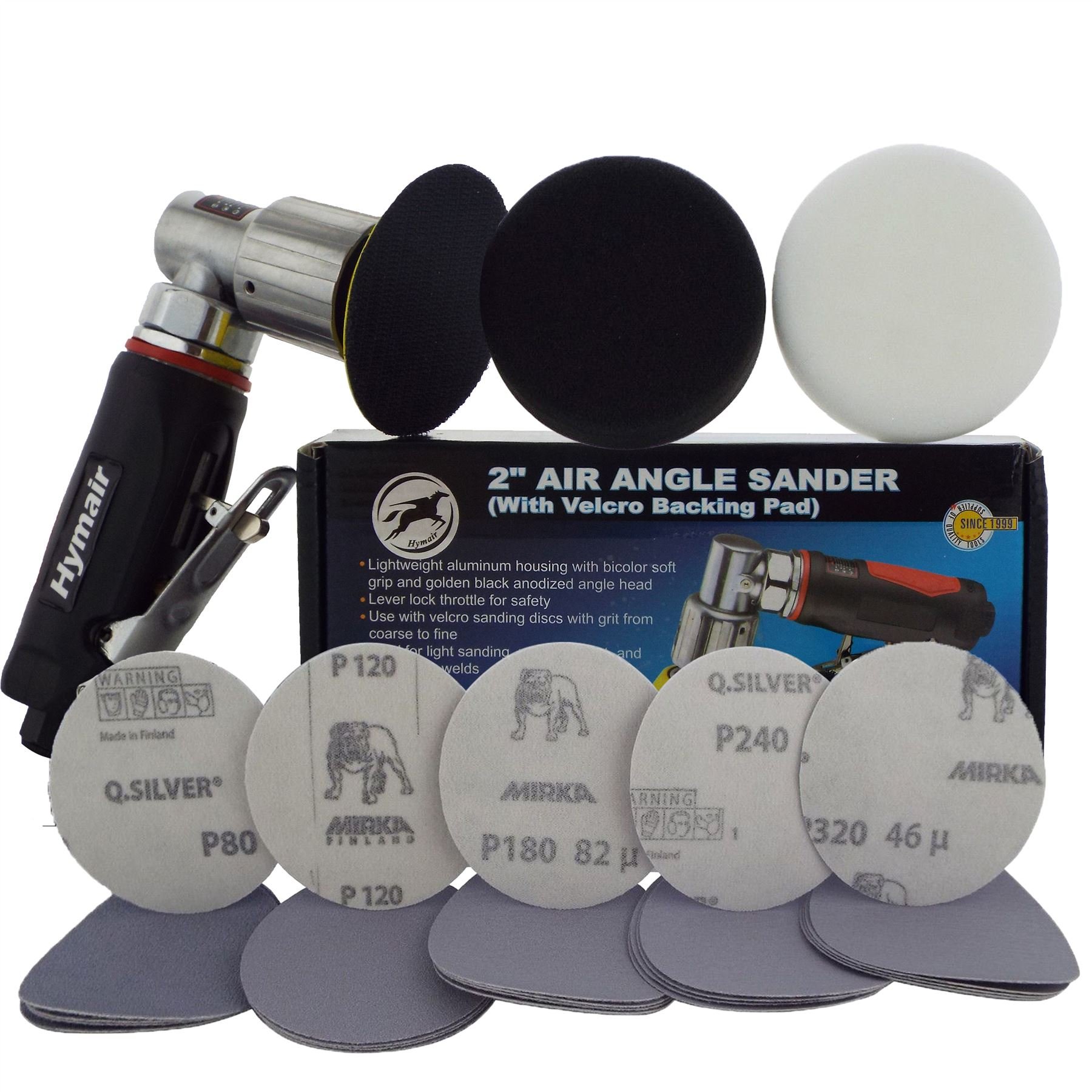 AT-7037B 75mm Mini Air Polisher Kit (3") + 25 x Mixed Grit Mirka Q.Silver Sanding Discs + 1 Polishing & 1 Compounding Foam Heads Spot Repair Scratch Remover Mini Polisher