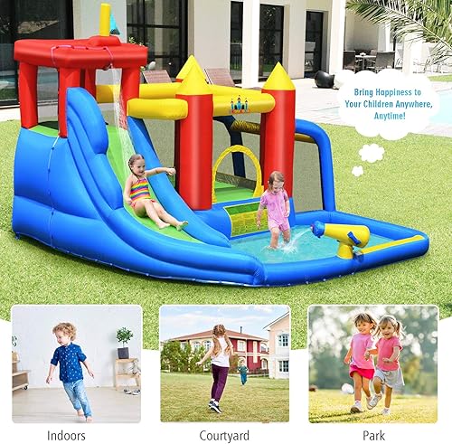 Miniatura 9 de BOUNTECH Tobogán acuático inflable, 7 en 1, casa de rebote para niños, diversión al aire libre con puerta de fútbol, soplador GFCI de 750 W,