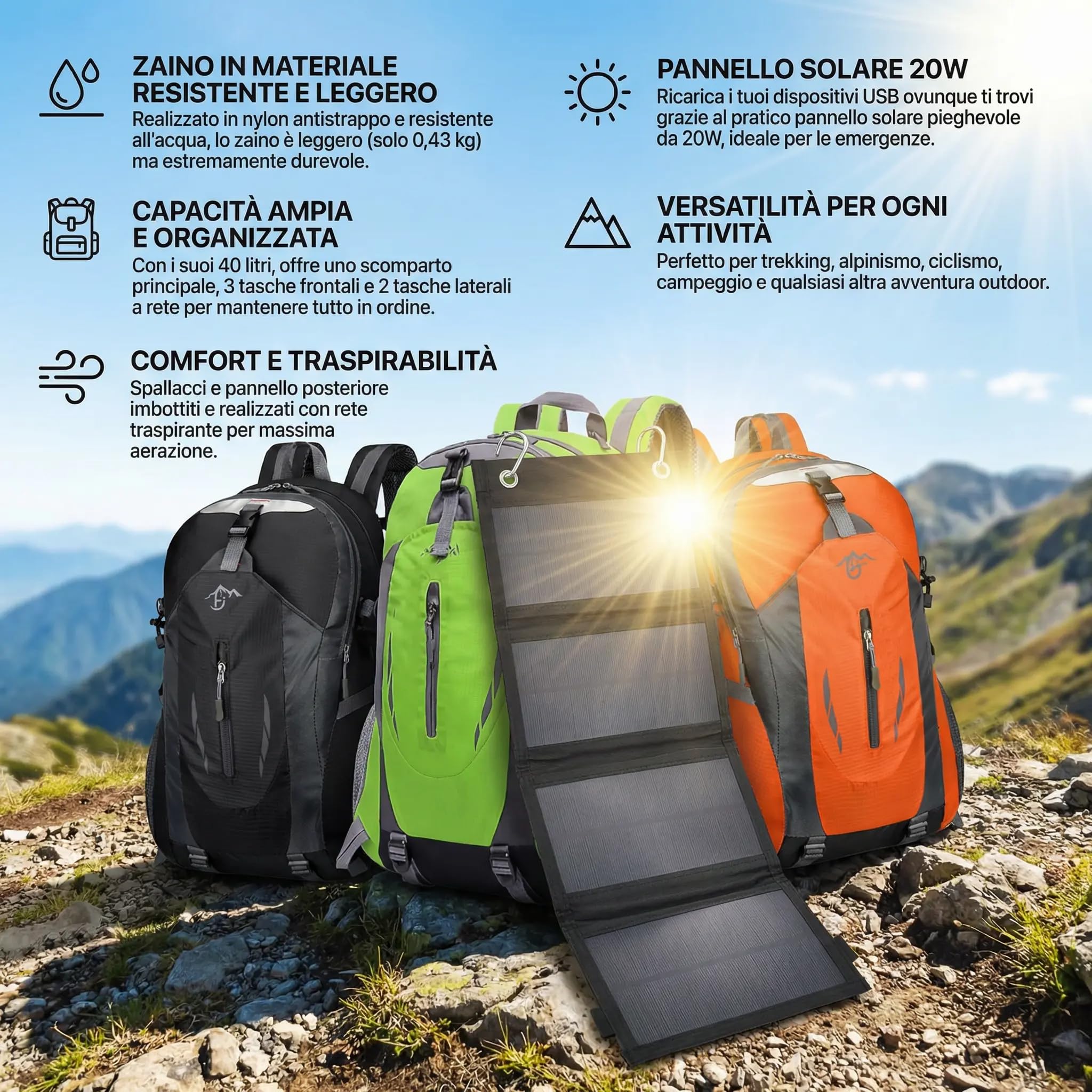 Zaino con Pannello Solare 20W USB 5V - Zaino Trekking da 40 Litri Impermeabile per Escursionismo, Alpinismo, Campeggio - Spallacci e Schienale Imbottiti, Antistrappo e Multifunzionale