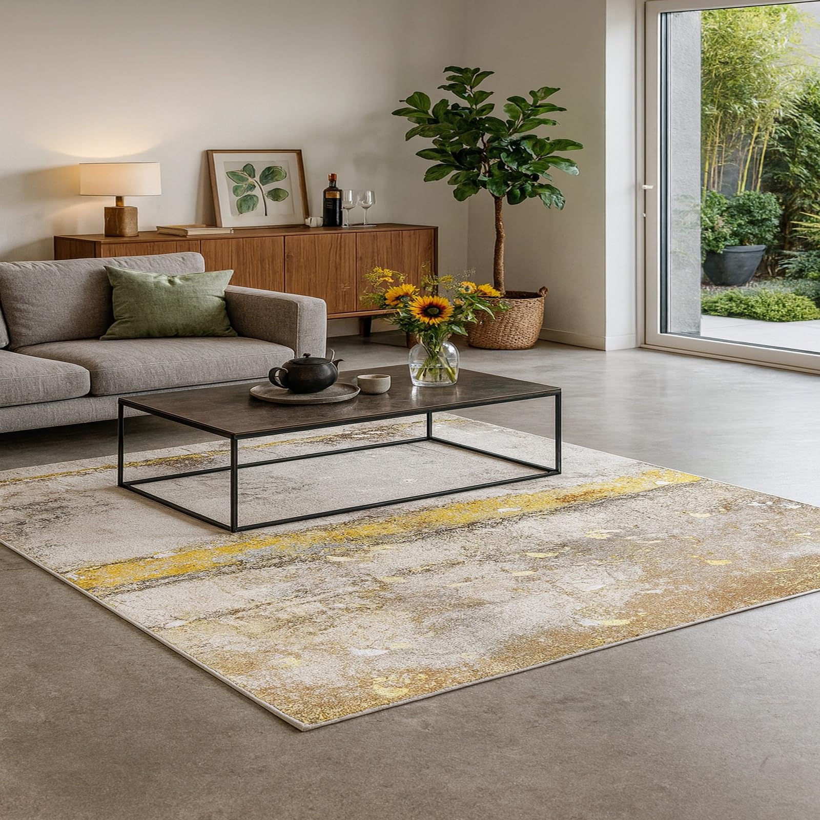 Tapis de couloir 90x150 lavable tapis abstract yellow gray white brown cuisine