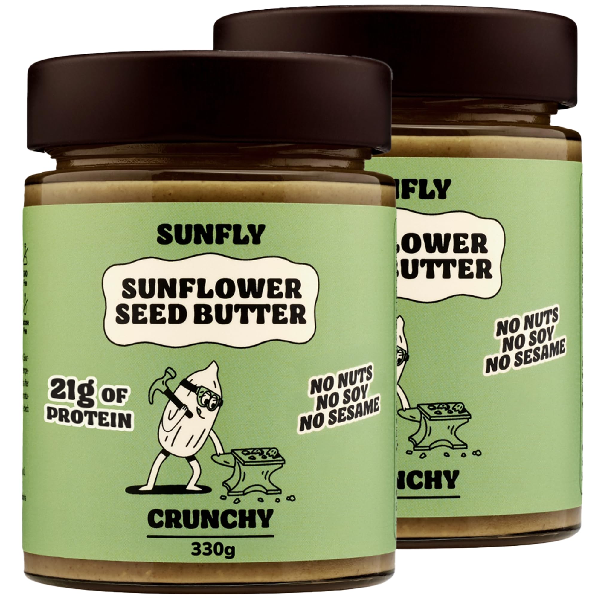 SUNFLY Crunchy Sunflower Seed Butter – Nut-Free, Vegan, High-Protein Spread - Top 14 Allergen-Free, No Palm Oil, No Soy, Plant-Based Peanut Butter Alternative - With Vitamins & Minerals - 2x330g Jars