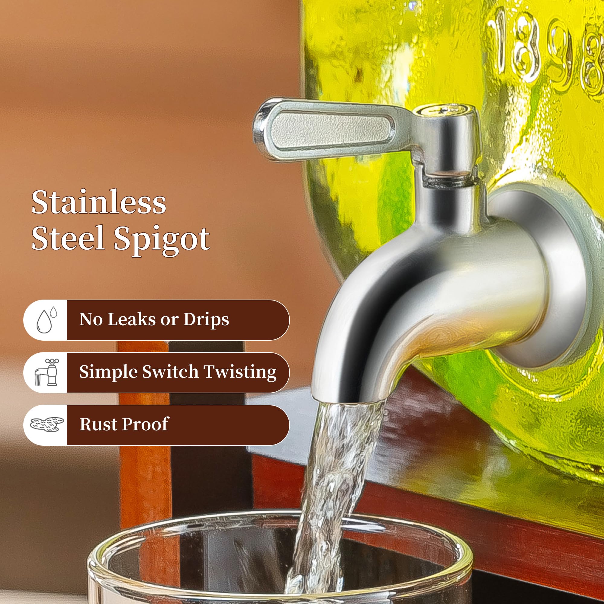 Dispensador de bebidas con soporte de madera de acacia y tapa, dispensador de bebidas de vidrio de 2 galones con espiga de acero inoxidable para fiestas, picnics, barbacoas, limonada, tarro de té