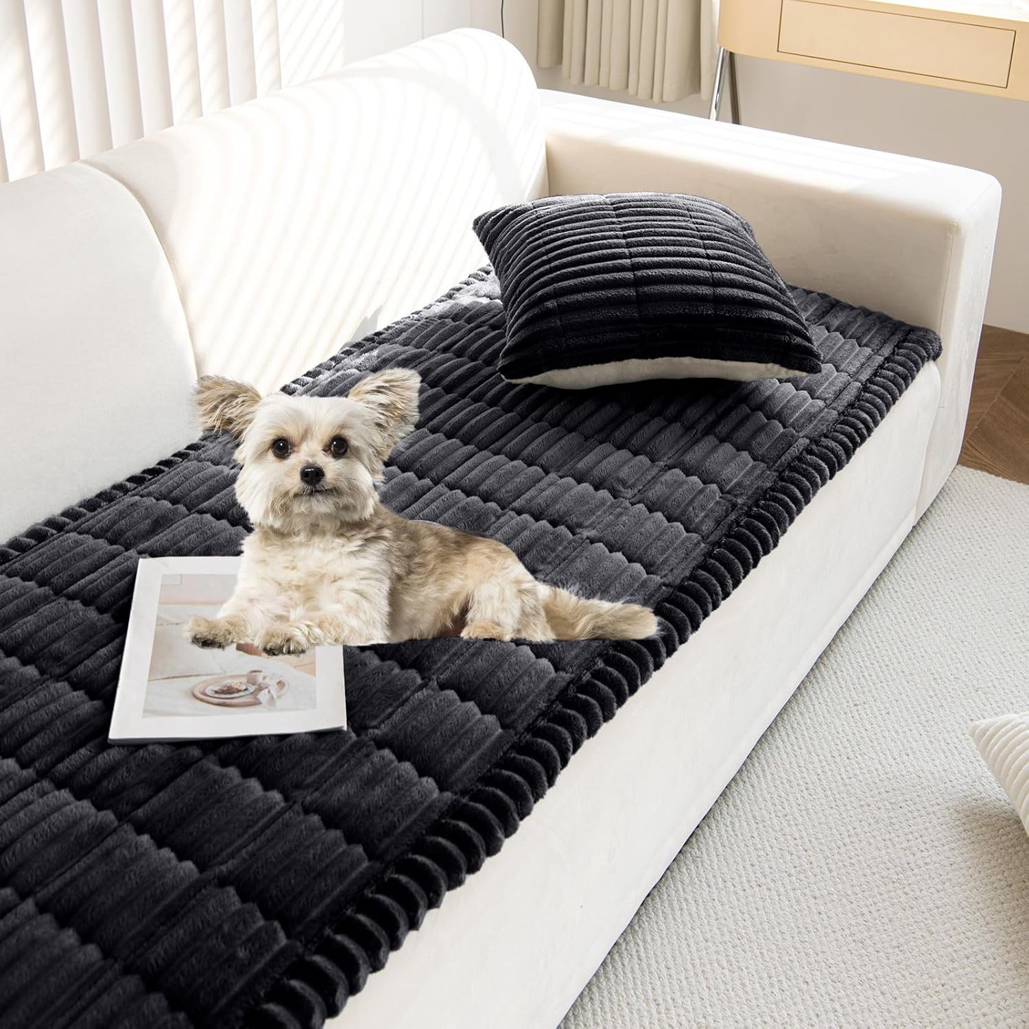 Faux Fur Plush Dog Couch Cover 3D Stripe Fuzzy Sofa Cover Non-Slip Fluffy Dog Bed Cover Pet Blanket Sofa Couch Furniture Protector for Puppy Large Dog Cat (Black,28"x47")