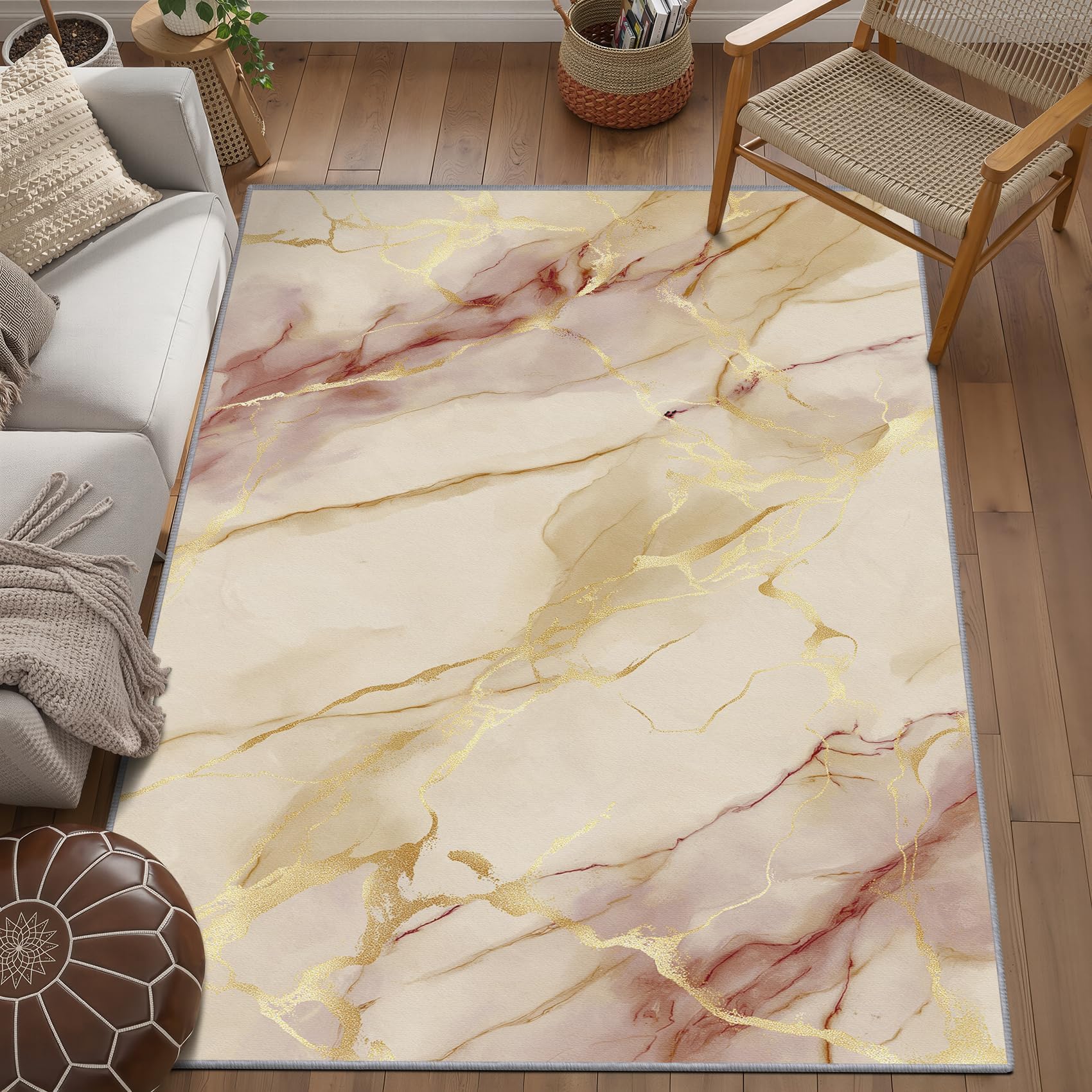 Tapis de Chambre marbre 90x180cm crème et Or Bordeaux, Tapis Salon Abstrait Moderne, Moquette de Sol Doux à Poils Courts, Lavable et antidérapant pour Cuisine, entrée et paillasson