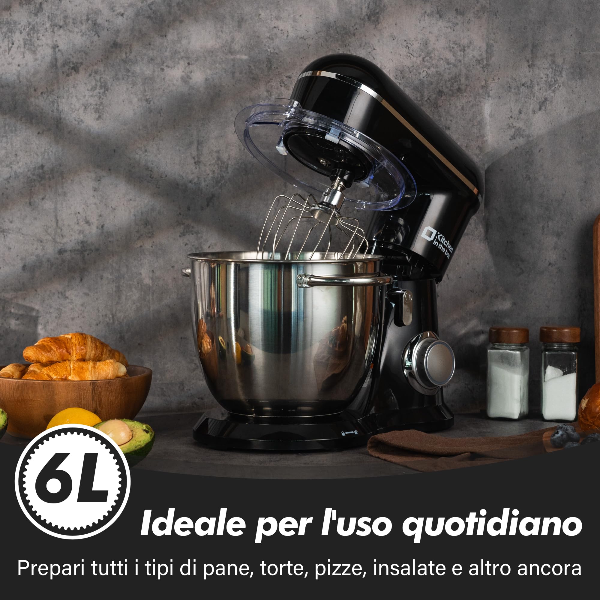 Kitchen in the box Impastatrice Planetaria, 6L Planetaria Professionale 1400W, 10 Velocità con Uncino Impastatore, Mescolatore e Frusta Sbattitrice (Nero)