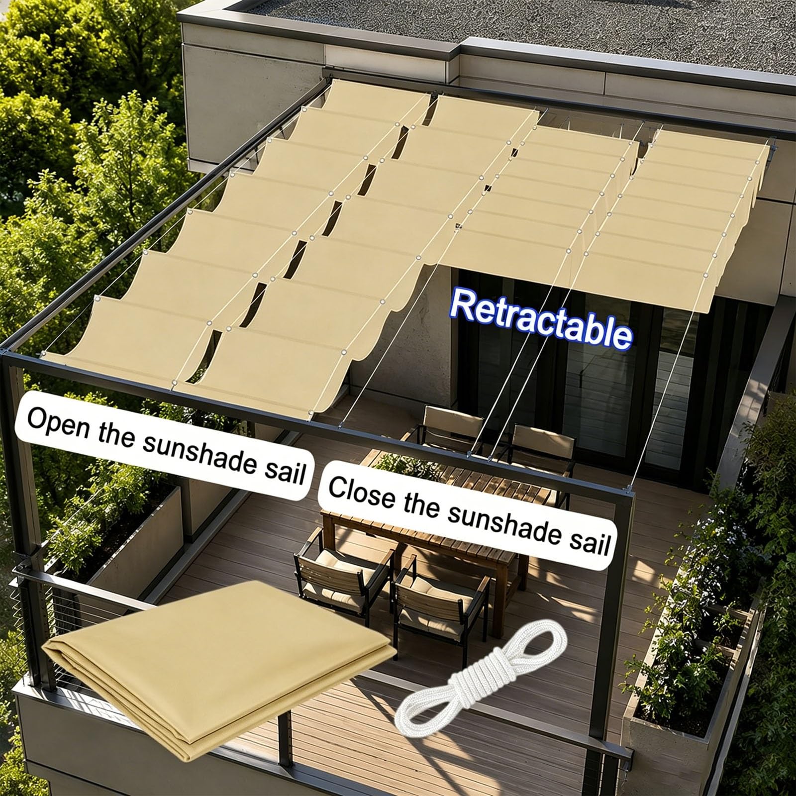 Copertura Retrattile per Gazebo Pergola 4 x 5.5 m Protezione Solare Respirante Impermeabile Antivento Robusto Tenda a Vela Giardino per Giardino Esterno, Giallo sabbia