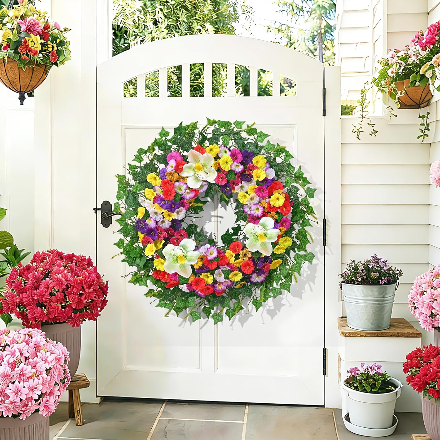 24 Inch Large Spring Summer Wreaths for Front Door, Valentines Day Door Wreath with Colorful Blossoms Magnolia Natural Leaves, Spring Summer Door Wreath for Wall Window Porch Wedding Indoor Outdoor - Image 7