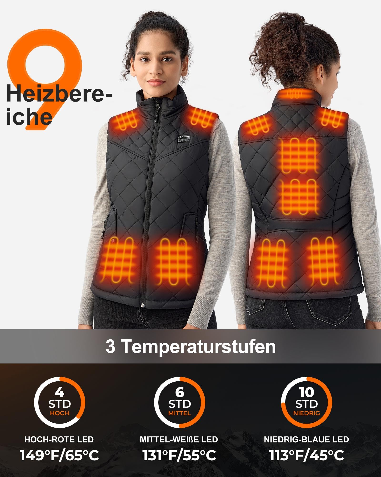 Heizweste Damen mit Powerbank 16000mAh 7.4V, Beheizbare Weste Damen mit 9 Heizzone, Elektrisch Beheizbare Weste mit Powerbank für Skifahren Outdoor Radfahren