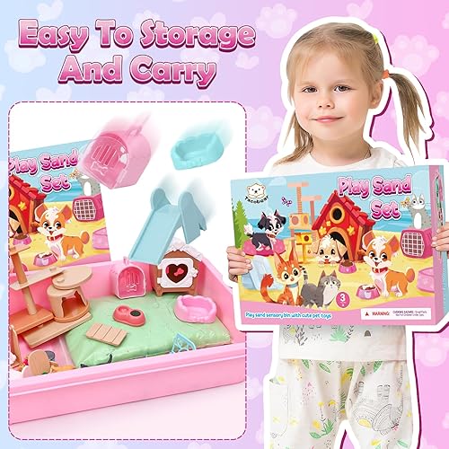 Miniatura 6 de Lorfancy Caja de arena para gatos, kit de arena para niños, juguete sensorial de cubo de 2.2 libras, arena mágica, figuras de gato para mascotas,