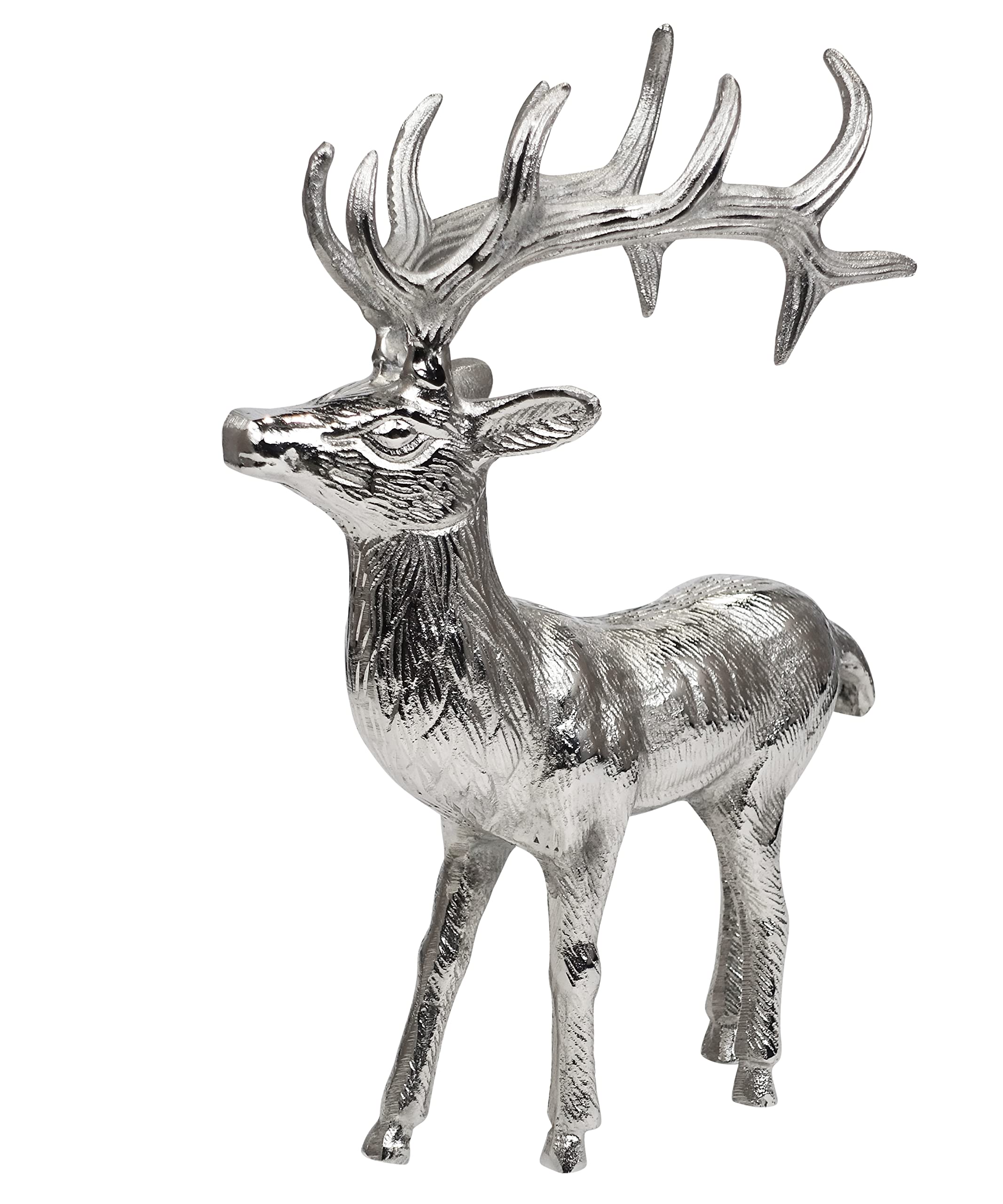 MichaelNoll Hirsch Dekoration - Stehend - Rentier Aluminium Metall Silber - Figur Statue Dekofigur - Deko für Wohnzimmer, Küche, Schlafzimmer - Weihnachten Winter - Hirschgeweih Dekoration XL 37 cm