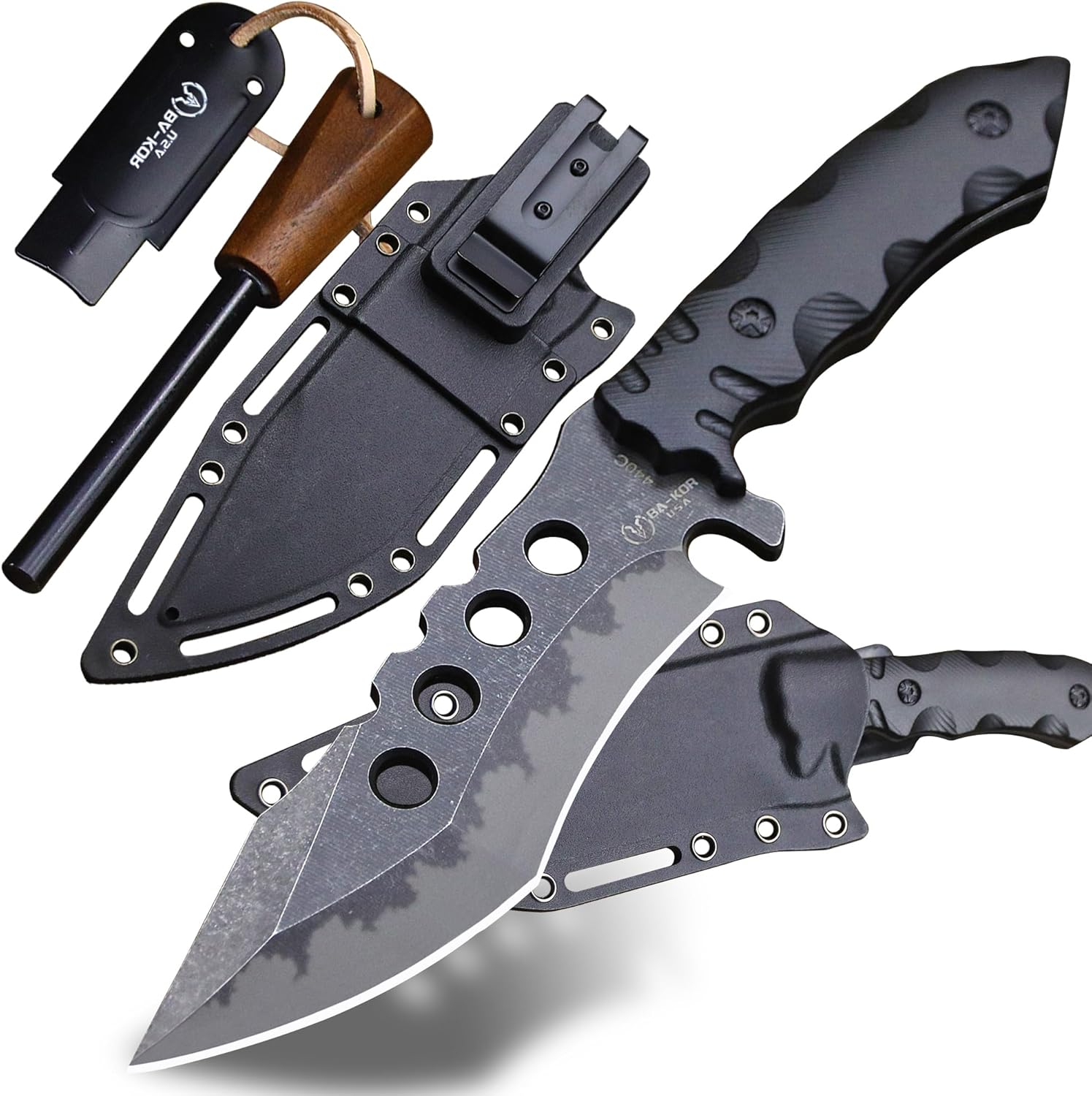 BA-KOR USA 6mm thick 440C steel (10.8in) (full Tang) fixed knife + sheath & (5.9in) cerium igniter, suitable for outdoor camping, survival, adventure, fishing, EDC, hunting knife