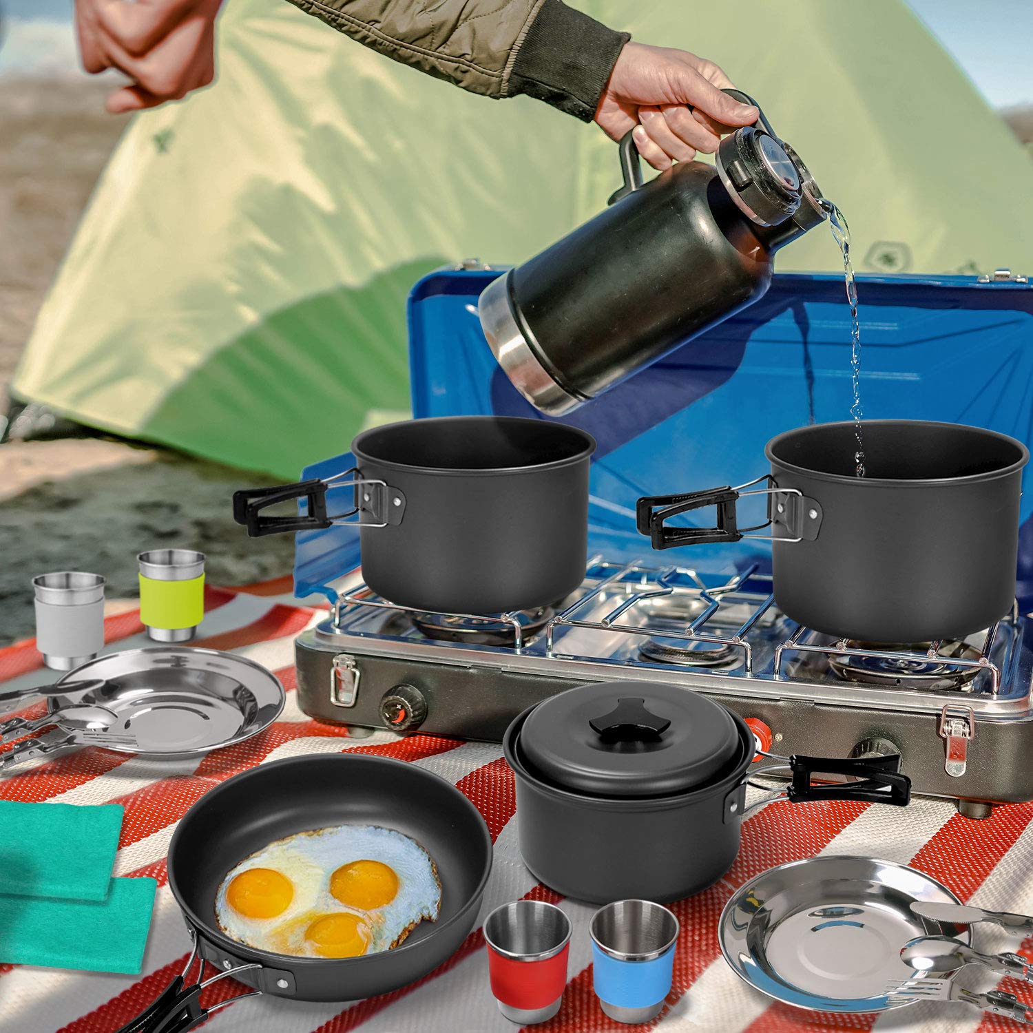 Odoland Kit de utensilios de cocina de camping para 3-4 personas, portátil, de acero inoxidable, para camping, mochileros, cocina al aire libre y picnic