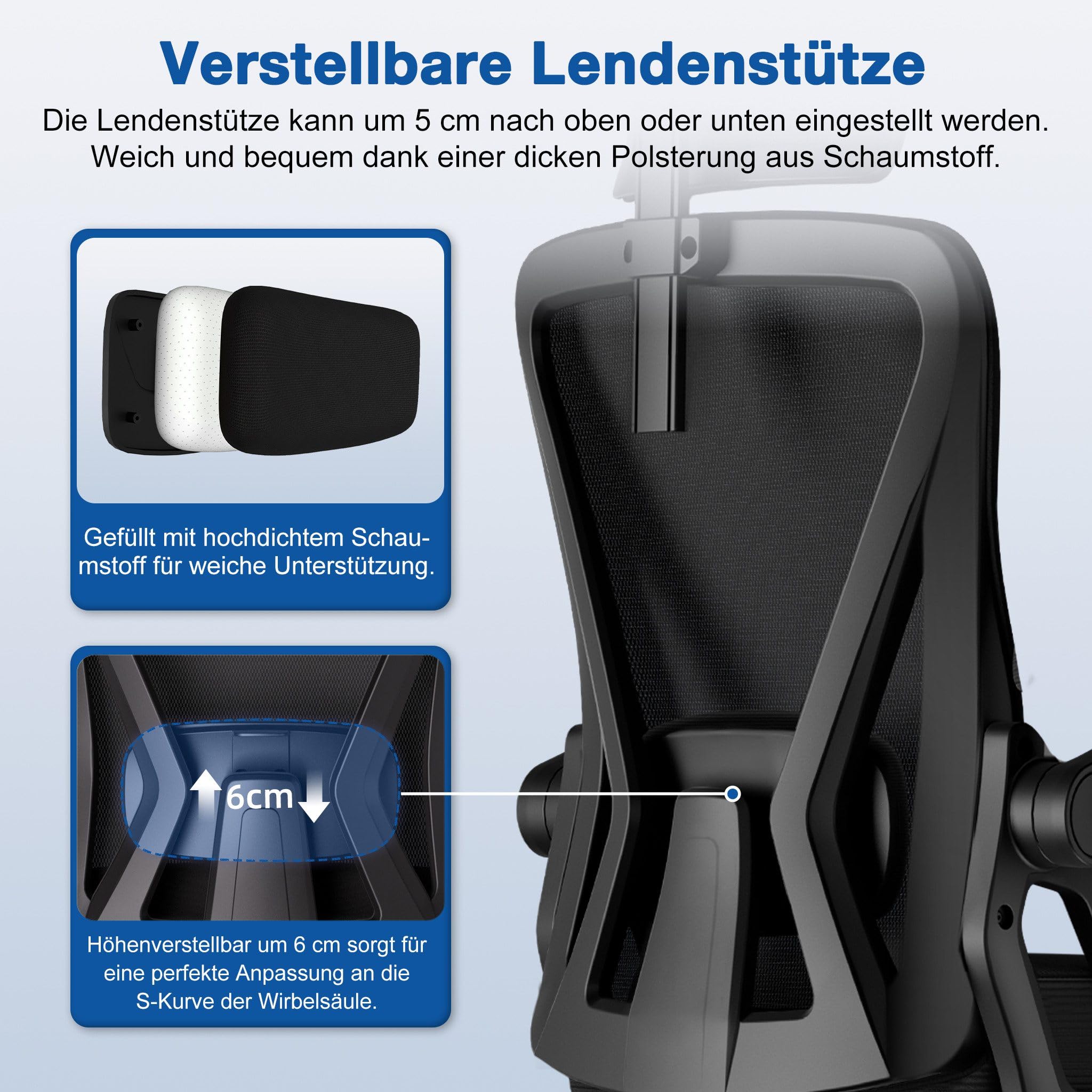 Bürostuhl Ergonomisch mit Verstellbarer Kopfstütze Armlehnen Lendenwirbelstütze Drehstuhl Wippfunktion 135° 150kg