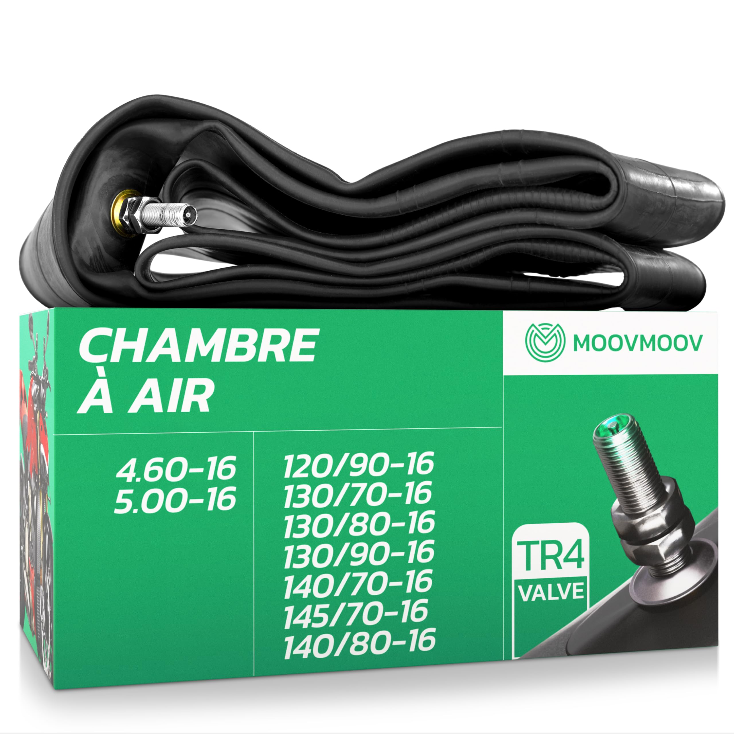 Chambre à Air MoovMoov 16 Pouces – Valve Schrader, 1 Mm, 484 G – Pour Pneus 120/90-16, 130/70-16, Etc.