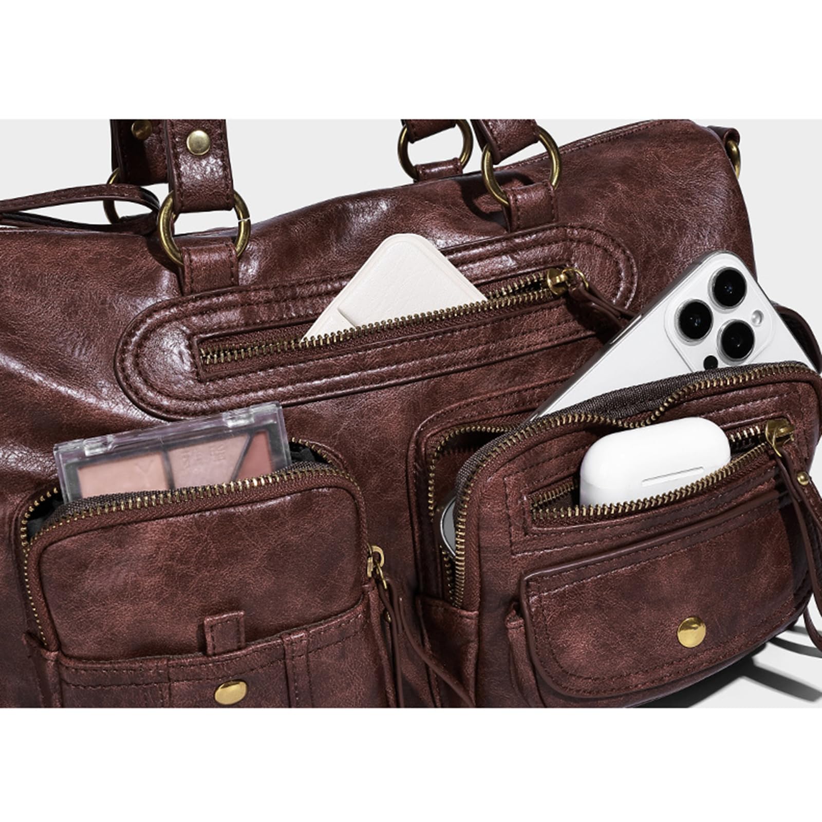 Borsa tote retrò in pelle PU anni '90 tasche multiple maniglia superiore borsa a tracolla per le donne casual e uso ufficio, Marrone scuro, 2 pezzi, 480.00x260.00x220.00mm/18.9x10.24x8.66inch