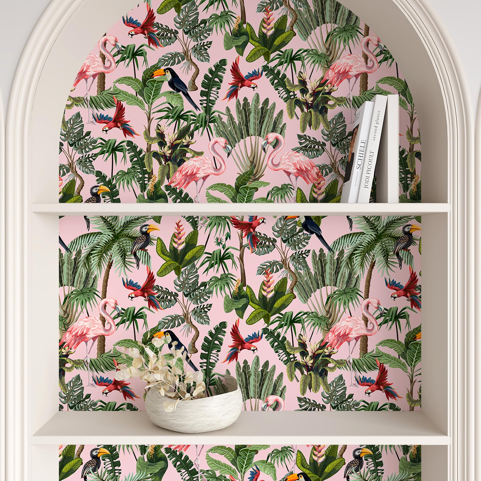 VEELIKE Pink Jungle Wallpaper Tropical Flamingo Bird Floral Leaf Contact Paper for Furniture Botanical Wall Art Patterned Tree Wall Mural Bedroom Living Room 44.5cm×300cm - Image 3