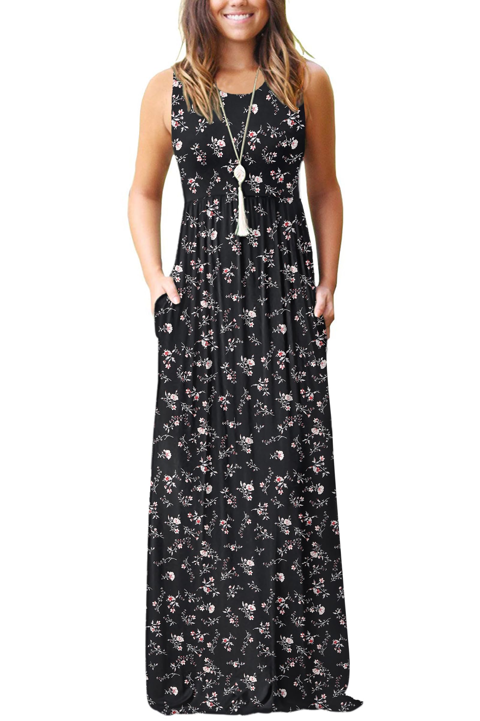 AUSELILY Women's Summer Sleeveless Loose Plain Casual Long Maxi Dresses | Year Round wear solid floral print, Casual daily wear, Empire waist, Floor length, Side pockets New