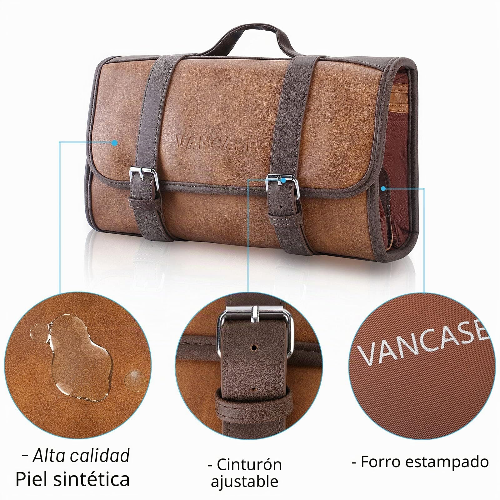 VANCASE - Neceser Colgante para Hombre, de Cuero, Organizador de baño y Ducha, Kit de Accesorios de Maquillaje de Viaje, Gran Regalo, Brown, Estilo Retro, combina con Todo, Encanto Maduro