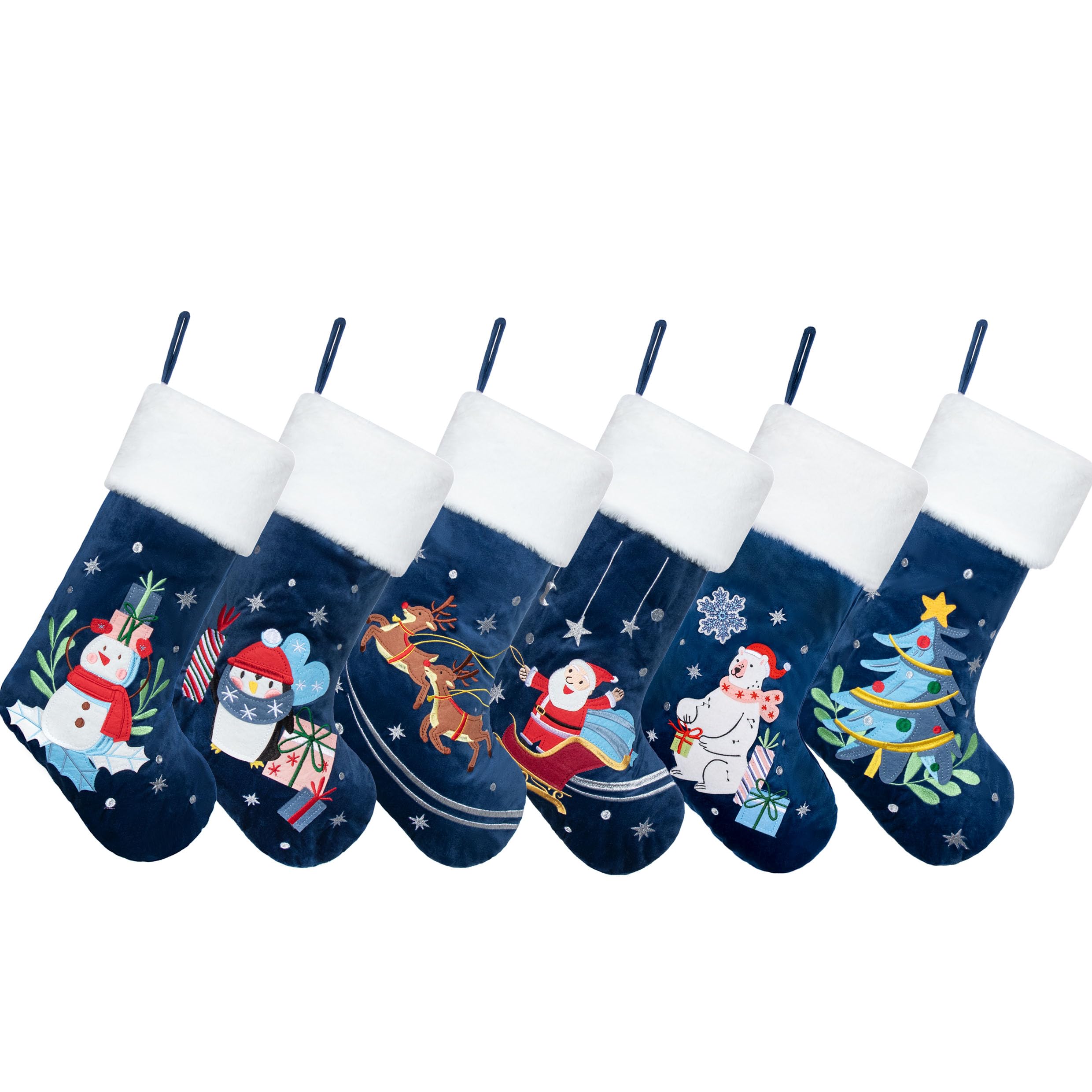 LUBOT Juego de 6 medias de Navidad (20 pulgadas), calcetines familiares azules grandes bordados de franela con piel sintética suave para colgar en la chimenea, decoraciones navideñas, paquete de 6