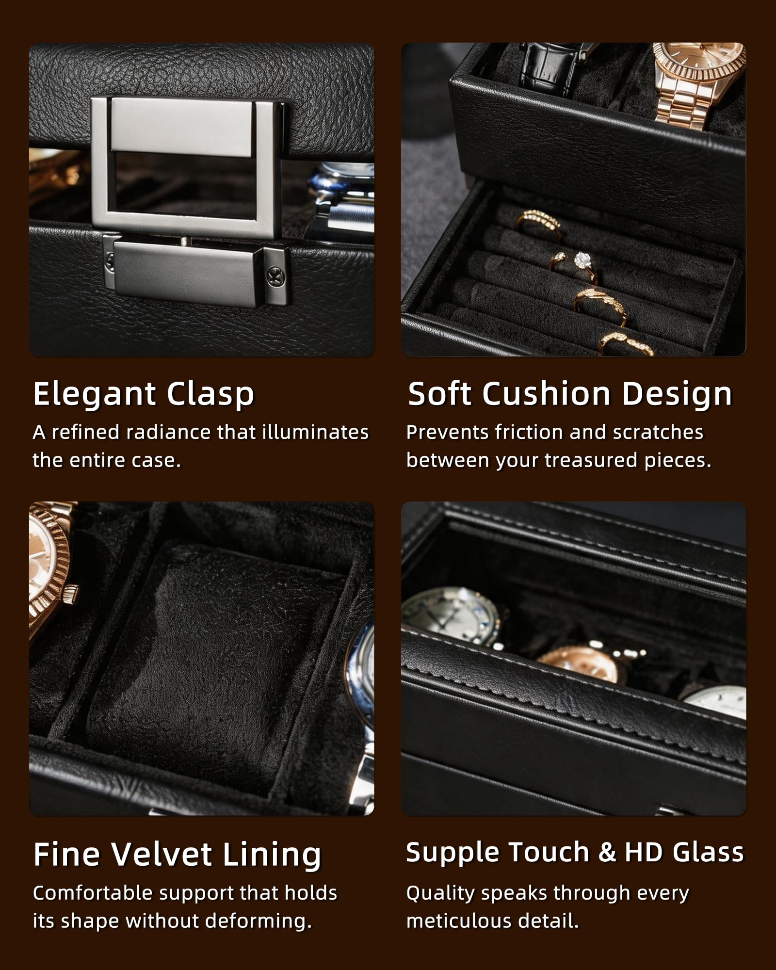 Coffret à Montres Organisateur 2 Niveaux Cuir-PU Homme/Femme, Noir