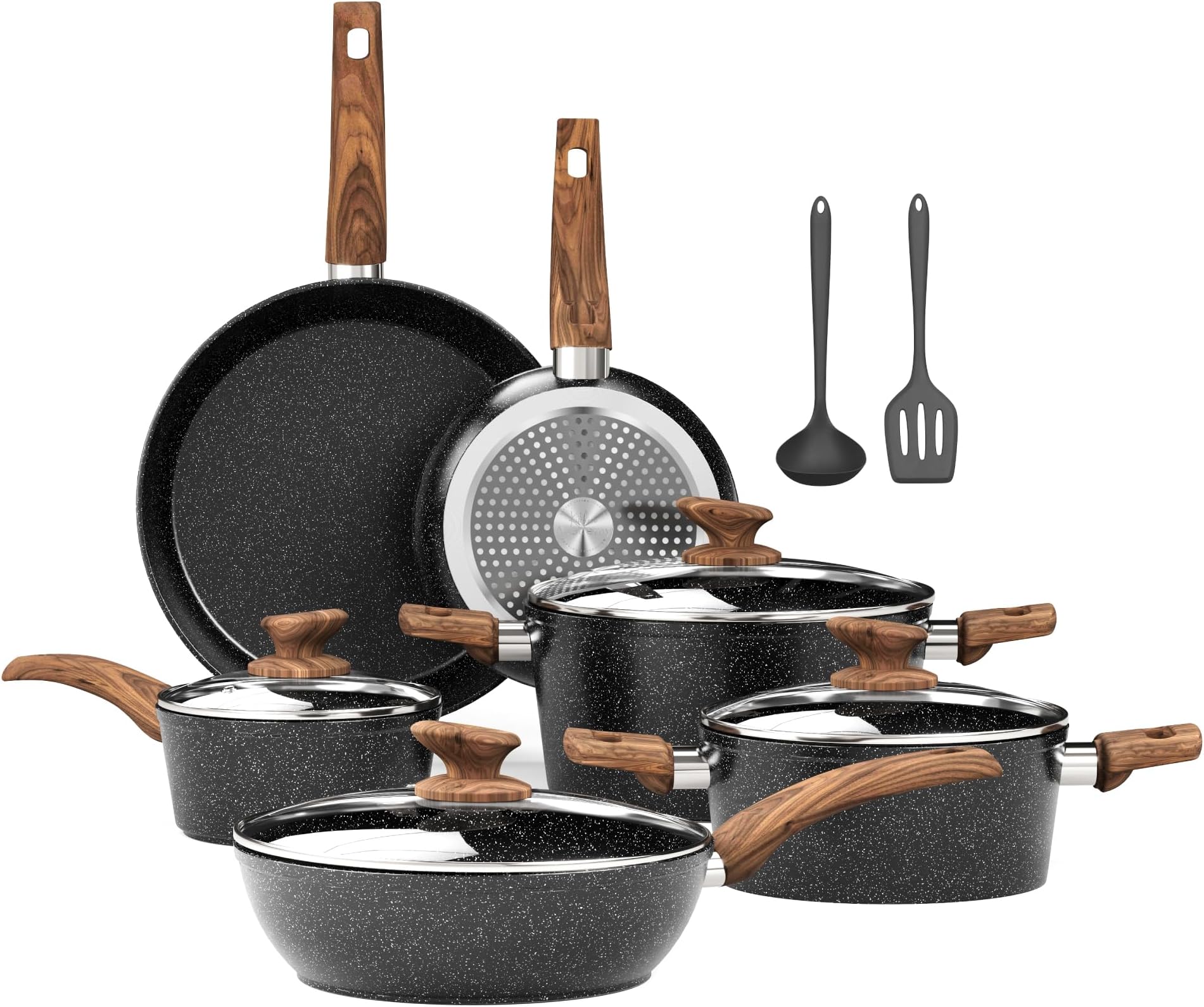 Kitchen Academy 12 Piece Pots and Pans Set Non Stick Cookware Sets, Healthy Black Granite Induction Kitchen Cookware (PFAS, PFOA, PFOS Free)