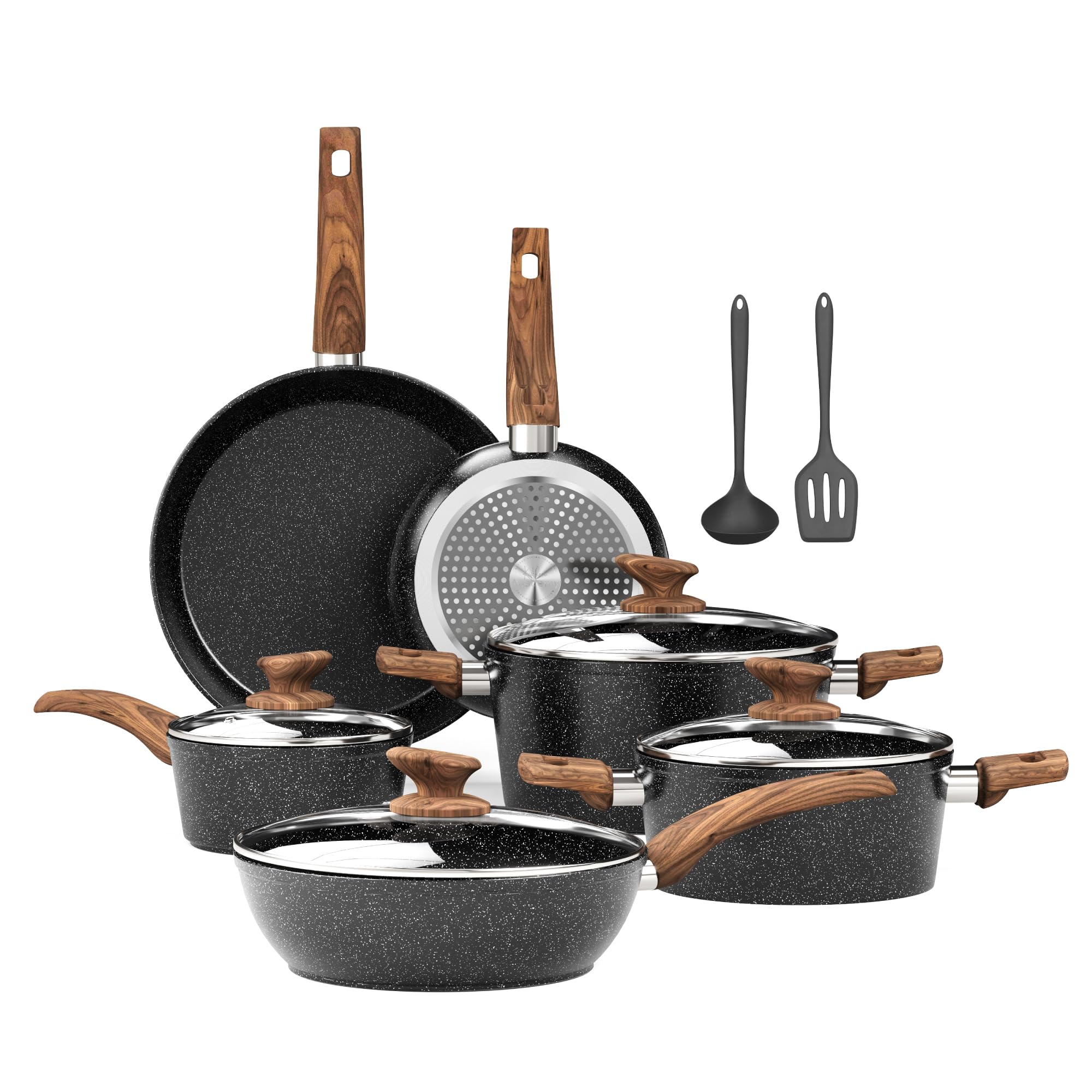 Induction Hob Pots and Pans Set - 12 Piece Cooking Pans Set, Black Granite Kitchen Cookware Set,Nonstick Saucepan Set PFOS & PFOA Free