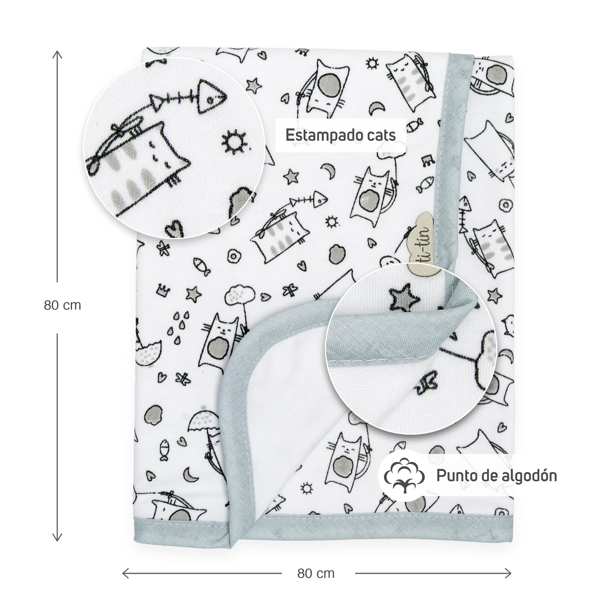 Ti TIN arrullo para bebé 80 x 80 cm, Doble Capa de algodón 100%, Transpirable, Extra Suave, fácil Lavado y Apto para Secadora, diseño Ligero y Estampados Divertidos