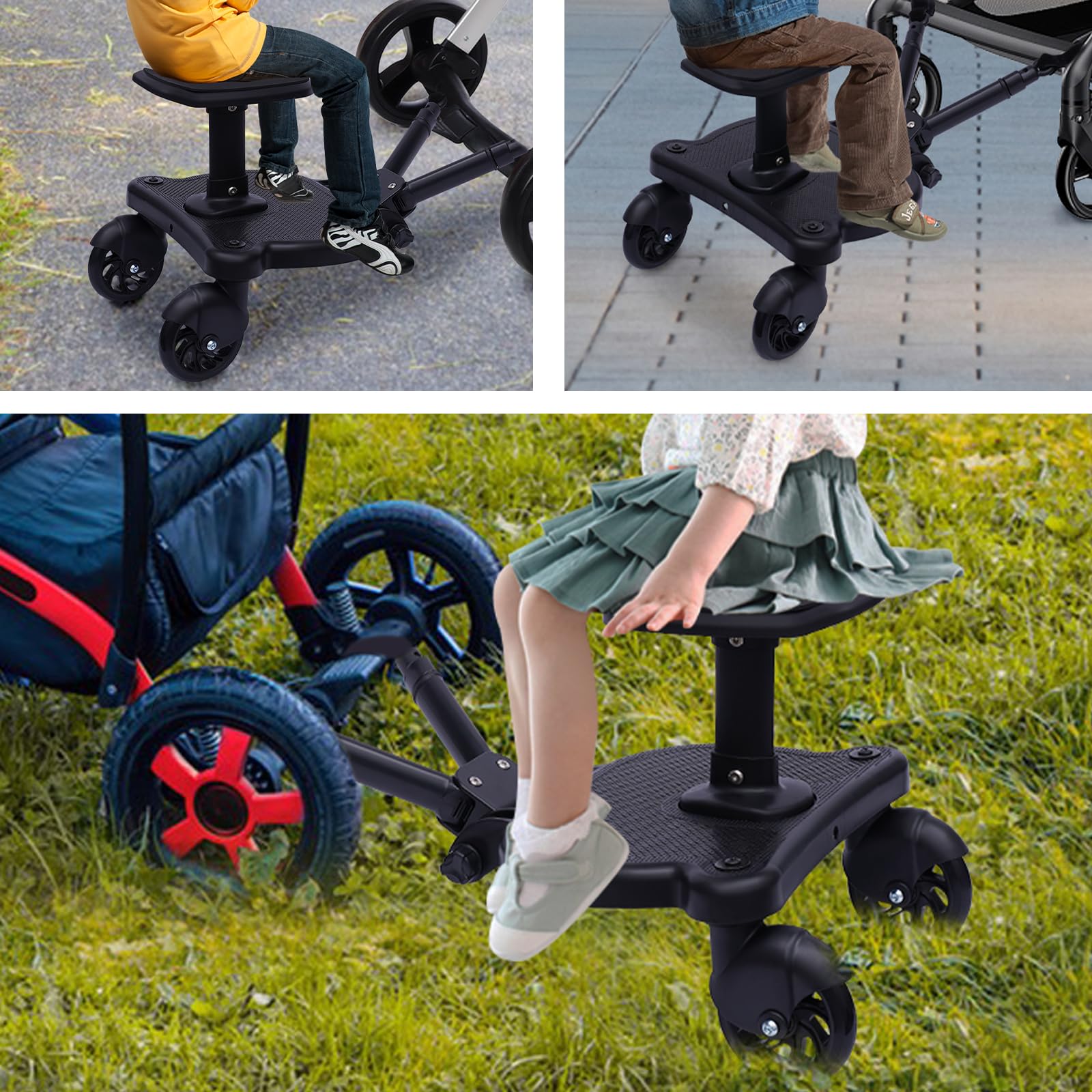 Universal Buggy Board estribo auxiliar pedal adaptador remolque asiento tabla de pie con asiento para cochecito tabla de ruedas de hasta 25 kg negro