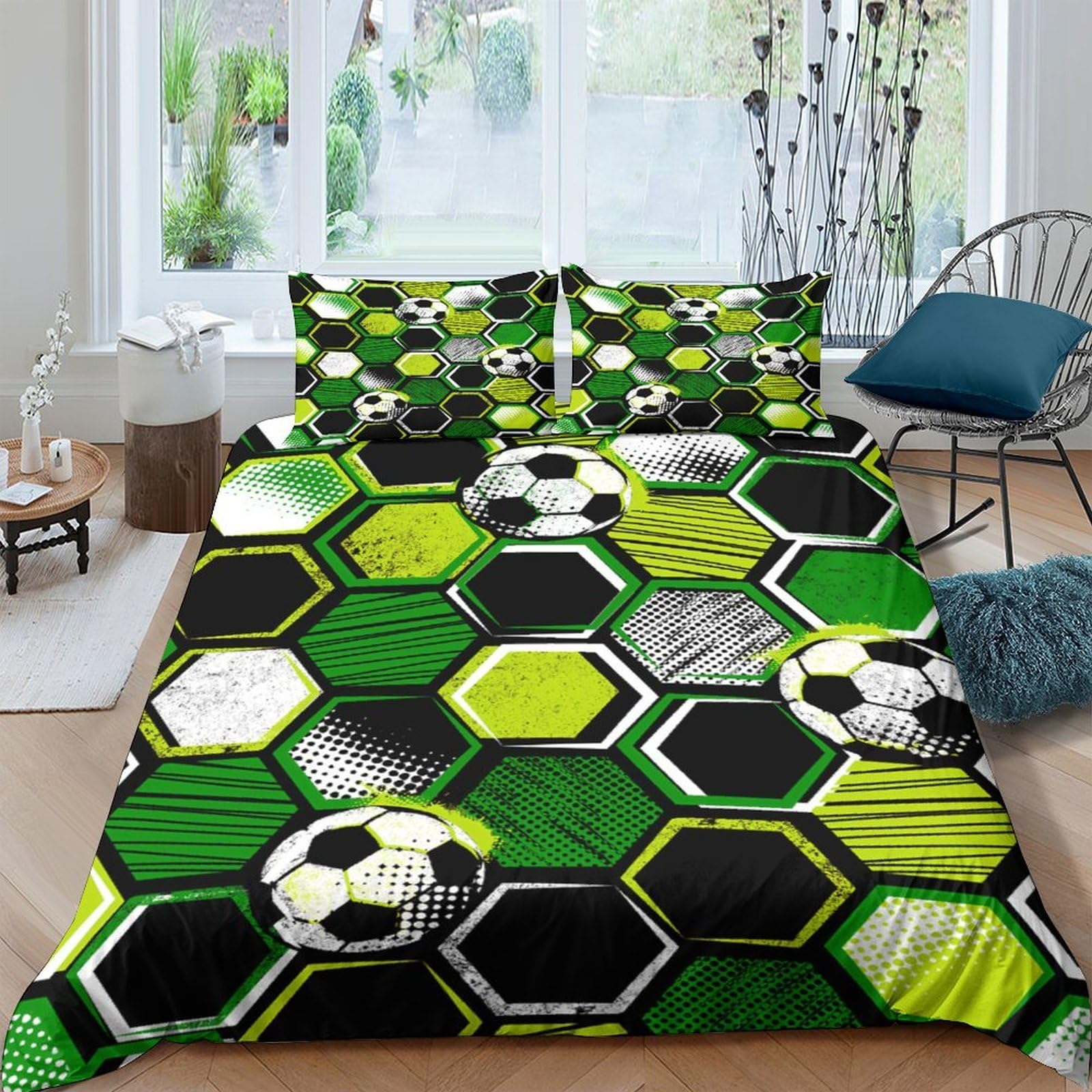 Ctjqhvkz Style-6 3D Printed Football Hexagon Fitted Sheet Microfiber Green Black Soccer Bed Cover For Bedroom Dorm Easy Care Single（135X200cm）