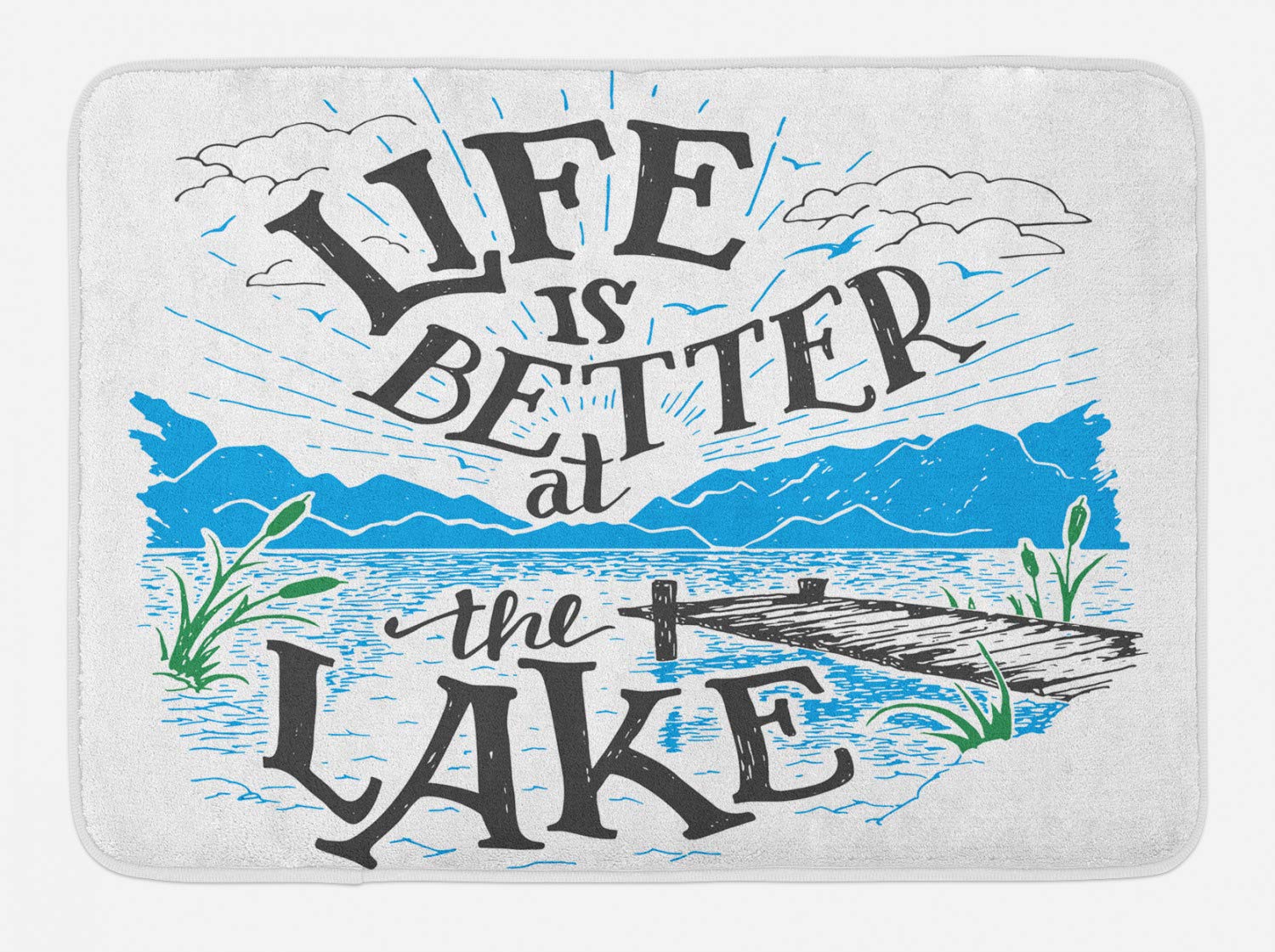 Lunarable Cabin Bath Mat, Life is Better at The Lake Wooden Pier Plants Mountains Sketch Art, Plush Bathroom Decor Mat with Non Slip Backing, 30.2" x
