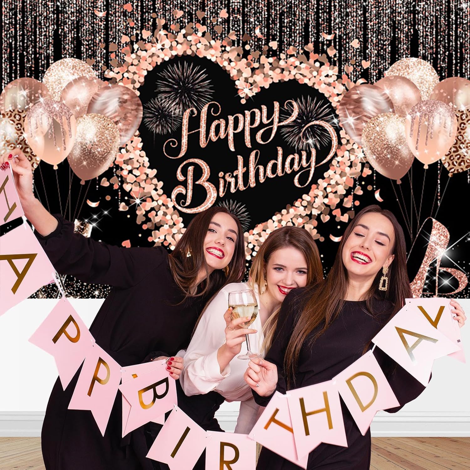 3x2.4m Sfondo Buon Compleanno Rosa Glitter Palloncini Tacchi alti Champagne Vetro Fotografia Sfondo Donne Ragazze Decorazioni Festa di compleanno Banner Photo Booth Props