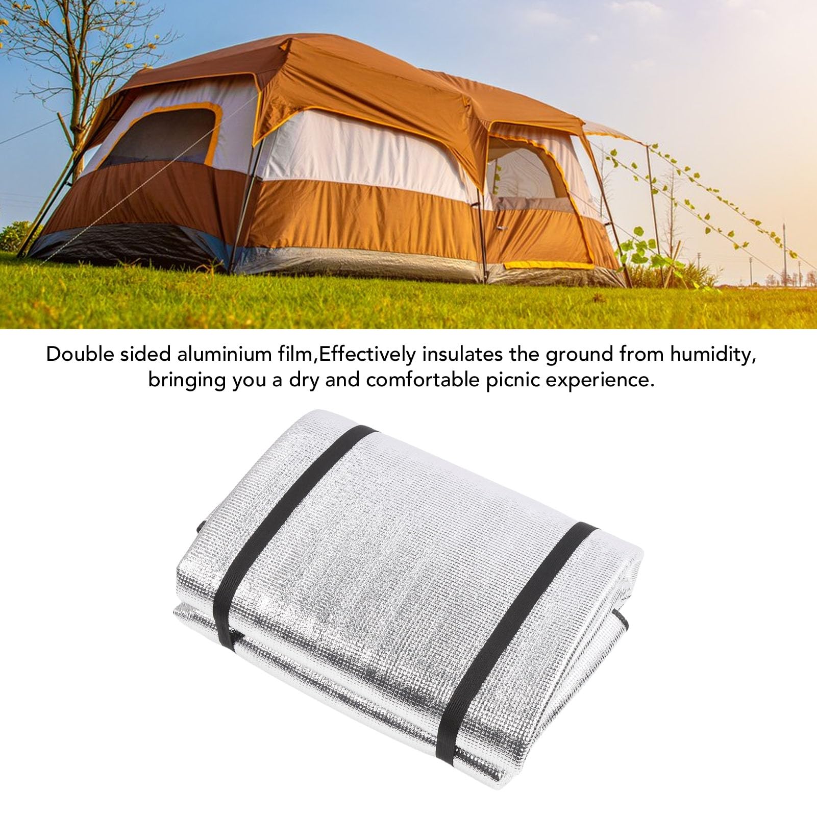 AMONIDA Mata Kempingowa, Dwustronna Mata Izolacyjna z Pianki Aluminiowej, Podkładka Piknikowa z izolacją, Idealna na plażę, Namiot, Kemping i Zajęcia na świeżym Powietrzu, 200x200cm