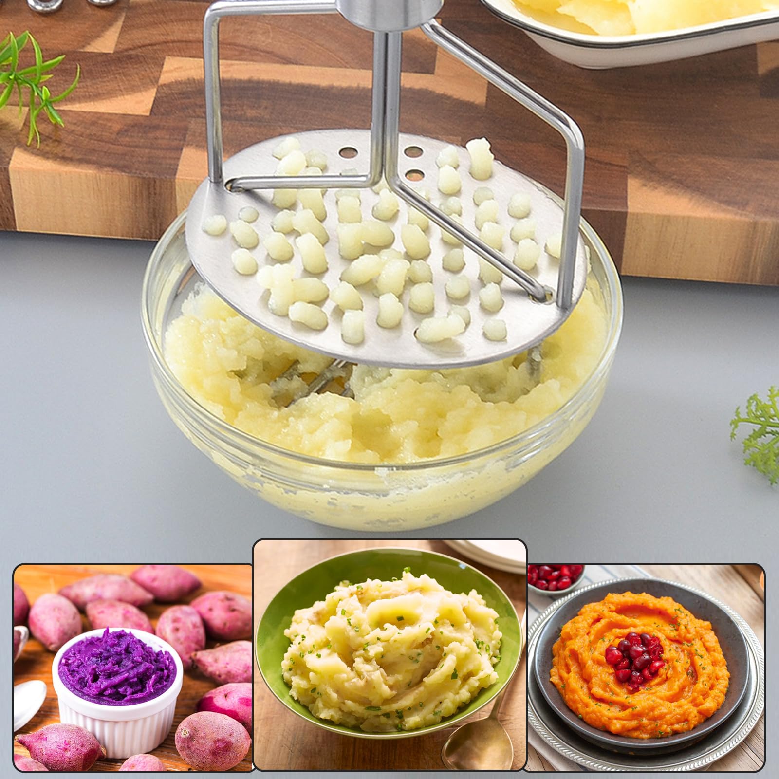 Machacador de Patatas Aplastador de Patatas Triturador de Patatas Redondo Prensa Doble Patatas de Acero Inoxidable Potato Masher Con Mango Negro