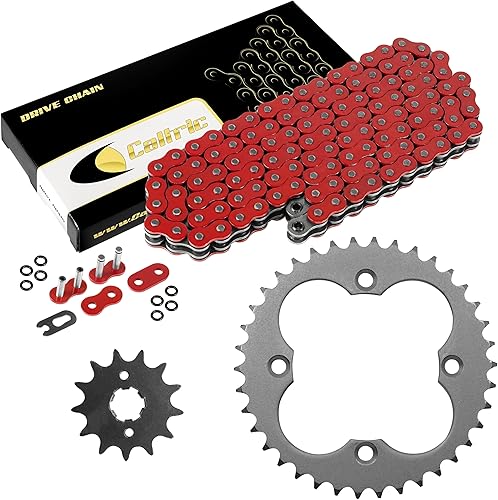 Caltric Kit de cadena de transmisión y piñones de junta tórica roja compatible con Honda Fourtrax TRX250X TRX250R 1987-1992 / TRX300X TRX300EX