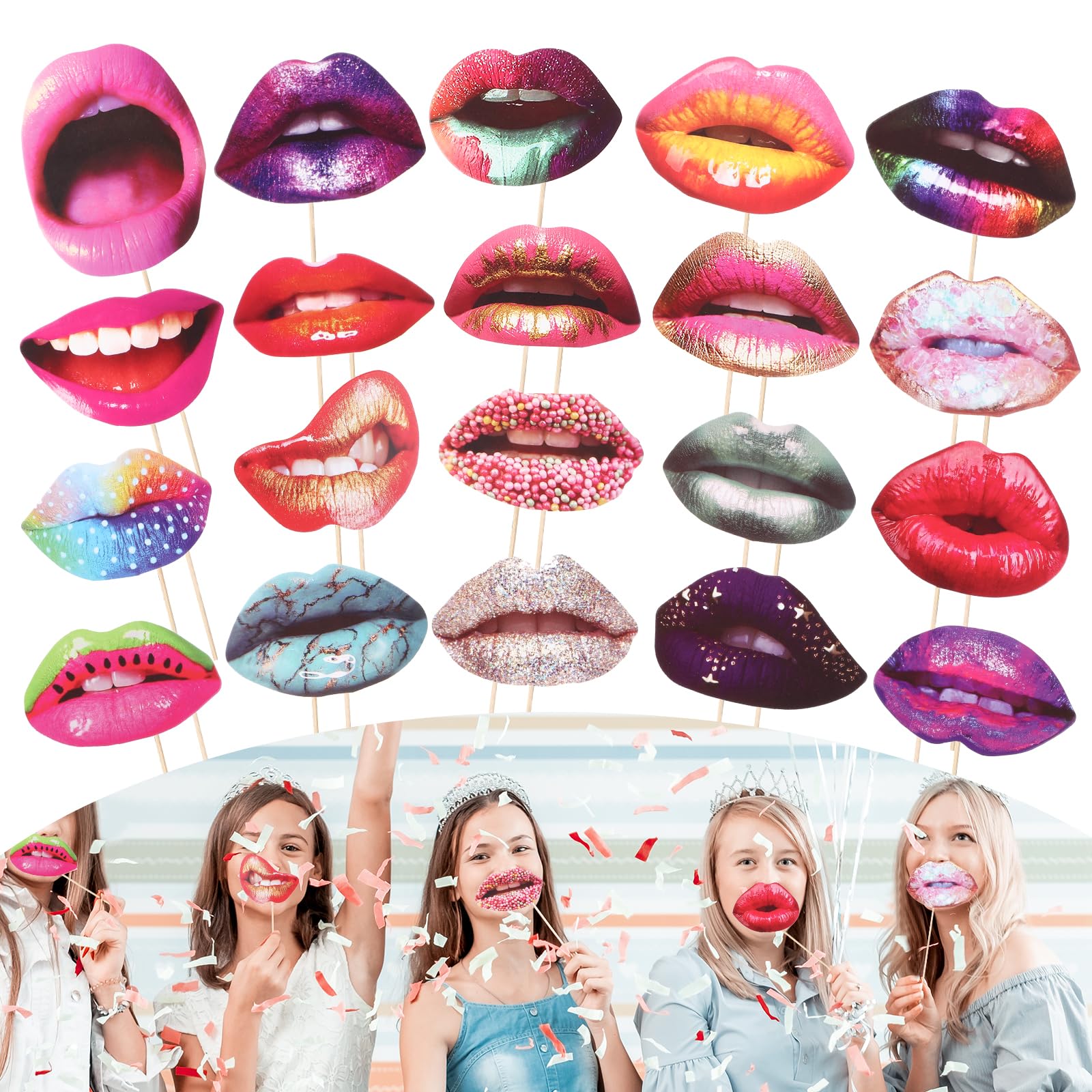 cobee Party Photo Booth Props, 20pcs Funny Mouth Lips Photo Booth Prop with Wood Stick Novelty Selfie Handheld Props for Carnival Wedding Birthday Graduation Halloween Christmas Accessories(Style B)