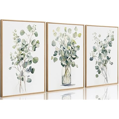3 Pcs Botanical Canvas Wall Art Sage Green Eucalyptus Leaves Painting Picture Wall Decor Plant Watercolor Poster Print Artwork for Living Room Bedroom Bathroom Home Decoration Unframed