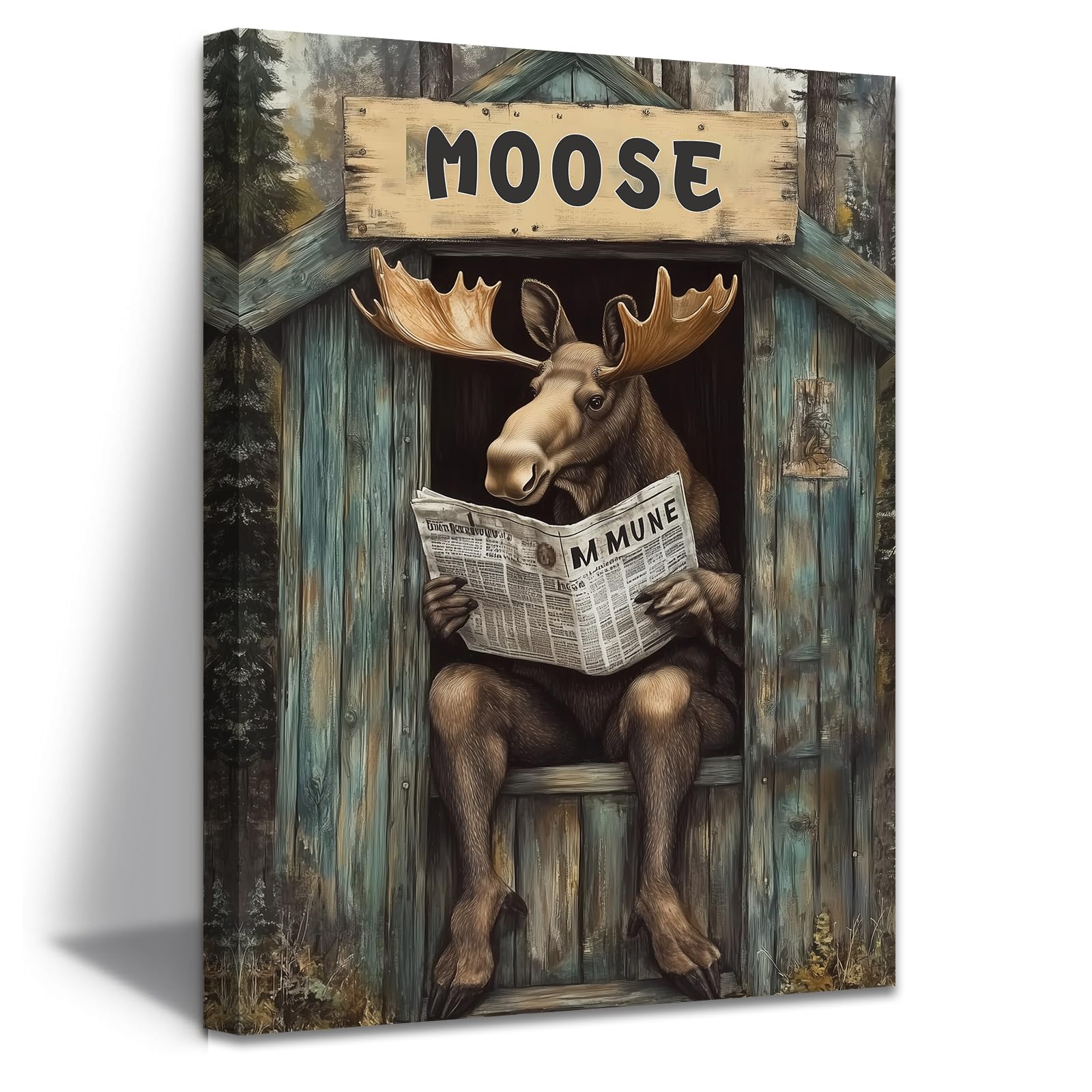 ZXHYWYM Outhouse Bathroom Decor Bear Moose in Outhouse Toilet Canvas Wall Art Funny Forest Animal Poster Picture for Farmhouse Cabin Decor Framed (Gray, (45L x 30W cm))