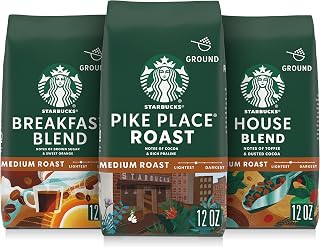 Starbucks Medium Roast Ground Coffee Variety Pack - Breakfast Blend, House Blend, Pike Place Roast, 3x12oz Bags for Hot or Iced