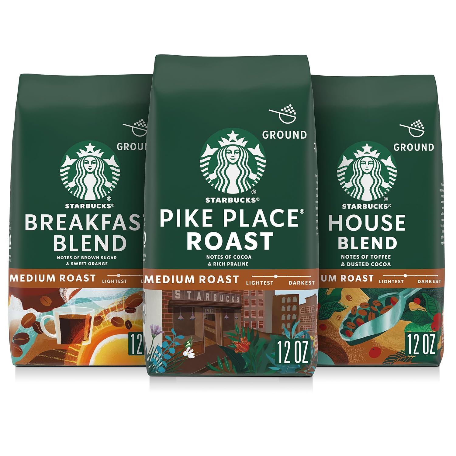 Starbucks Ground Coffee, Medium Roast Hot or Iced Coffee, Variety Pack, Three 12 oz Bags​