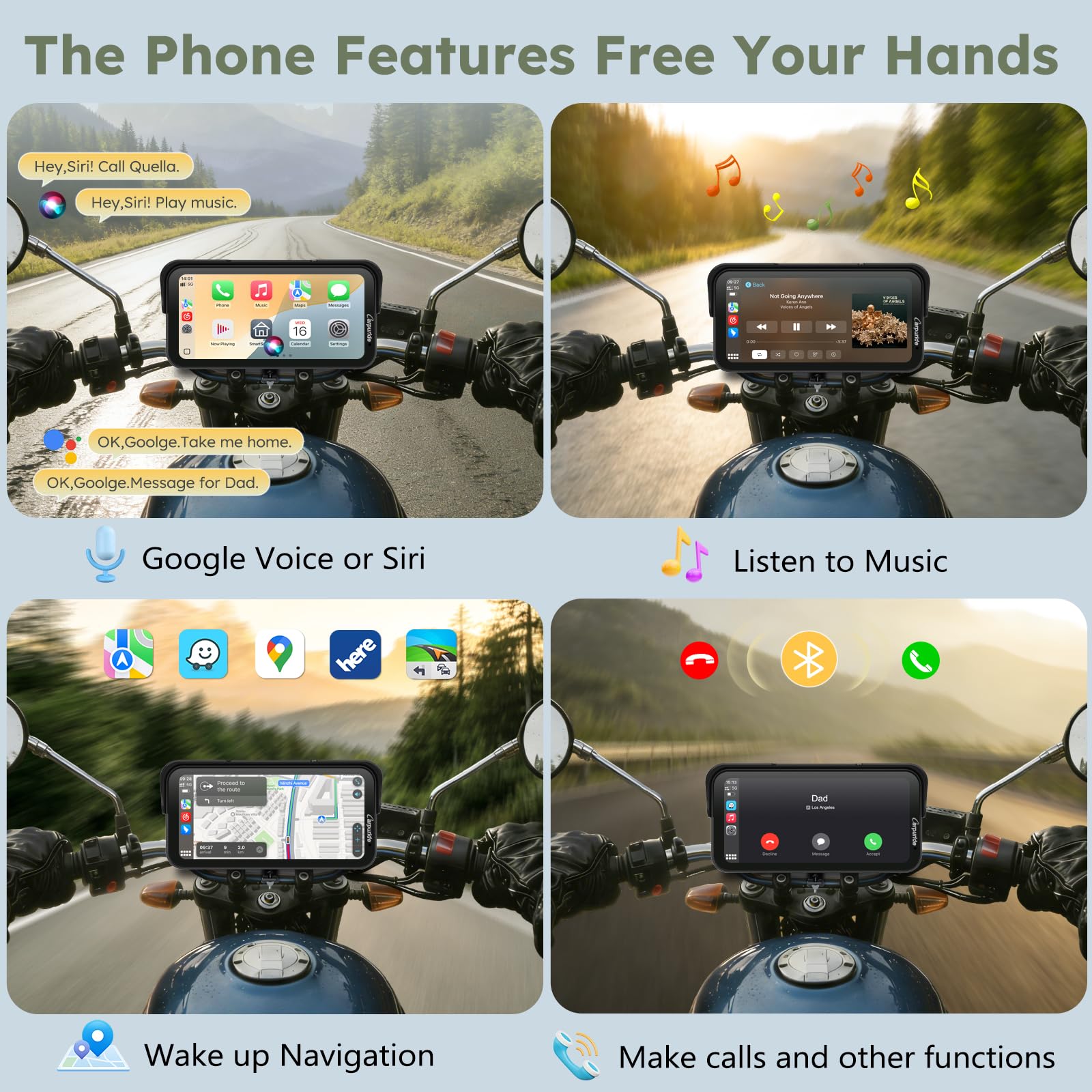 Carpuride Schermo da moto GPS carplay da 6.3 pollici senza fili CarPlay e Android Auto per Moto, con doppia fotocamera e TPMS, telecomando, IP67 impermeabile, BT Aduio, registrazione loop