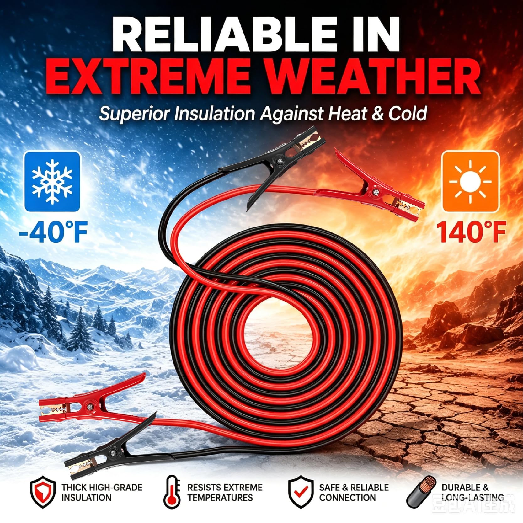 Jumper Cables Cables de Arranque de batería de Calibre 6 de 20 pies para Coche de -40.0 °C a 60.0 °C, Cables de Refuerzo Resistentes con Bolsa de Transporte, Guantes de Seguridad y Cepillo de